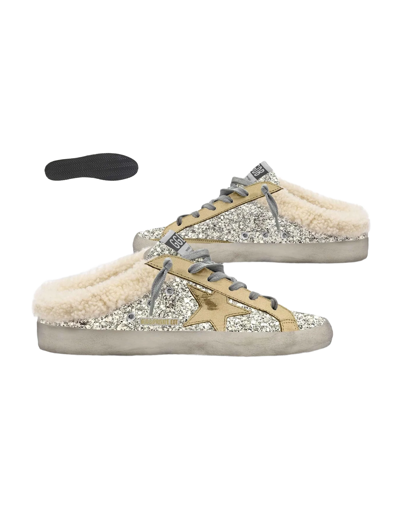 Women | Super-Star Sabot Silver Glitter Upper with Laminated Star & Shearling Interior | Silver x Sand x Beige