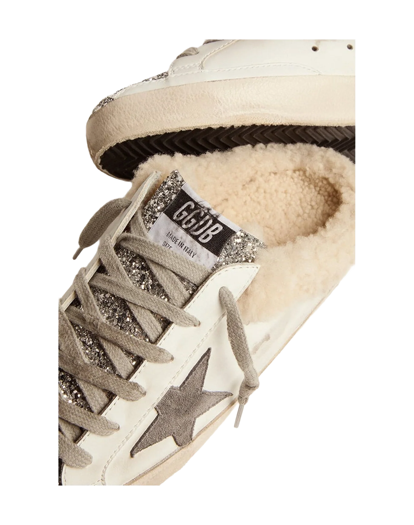 Women | Super-Star Sabot Sneakers Leather with Glitter Tongue & Shearling Interior | White x Silver x Dark Grey x Beige