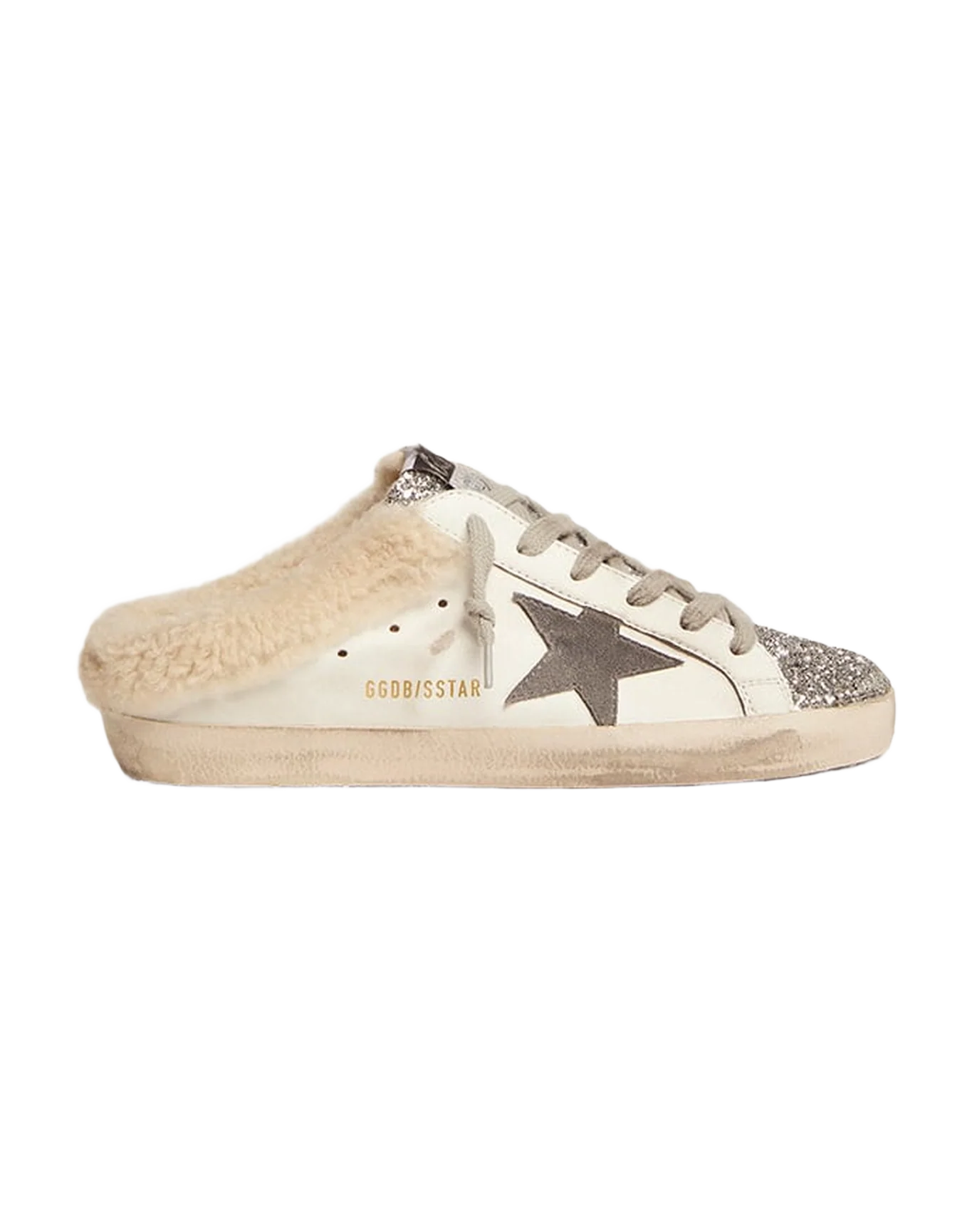 Women | Super-Star Sabot Sneakers Leather with Glitter Tongue & Shearling Interior | White x Silver x Dark Grey x Beige - Image 2