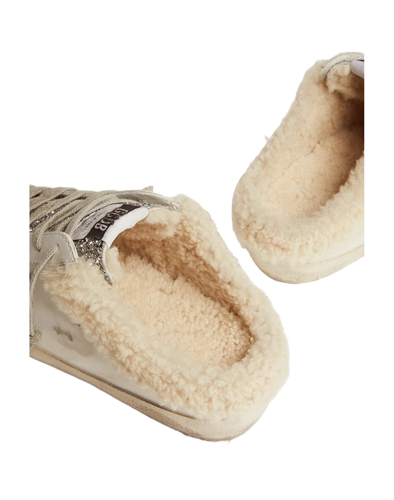 Women | Super-Star Sabot Sneakers Leather with Glitter Tongue & Shearling Interior | White x Silver x Dark Grey x Beige - Image 3