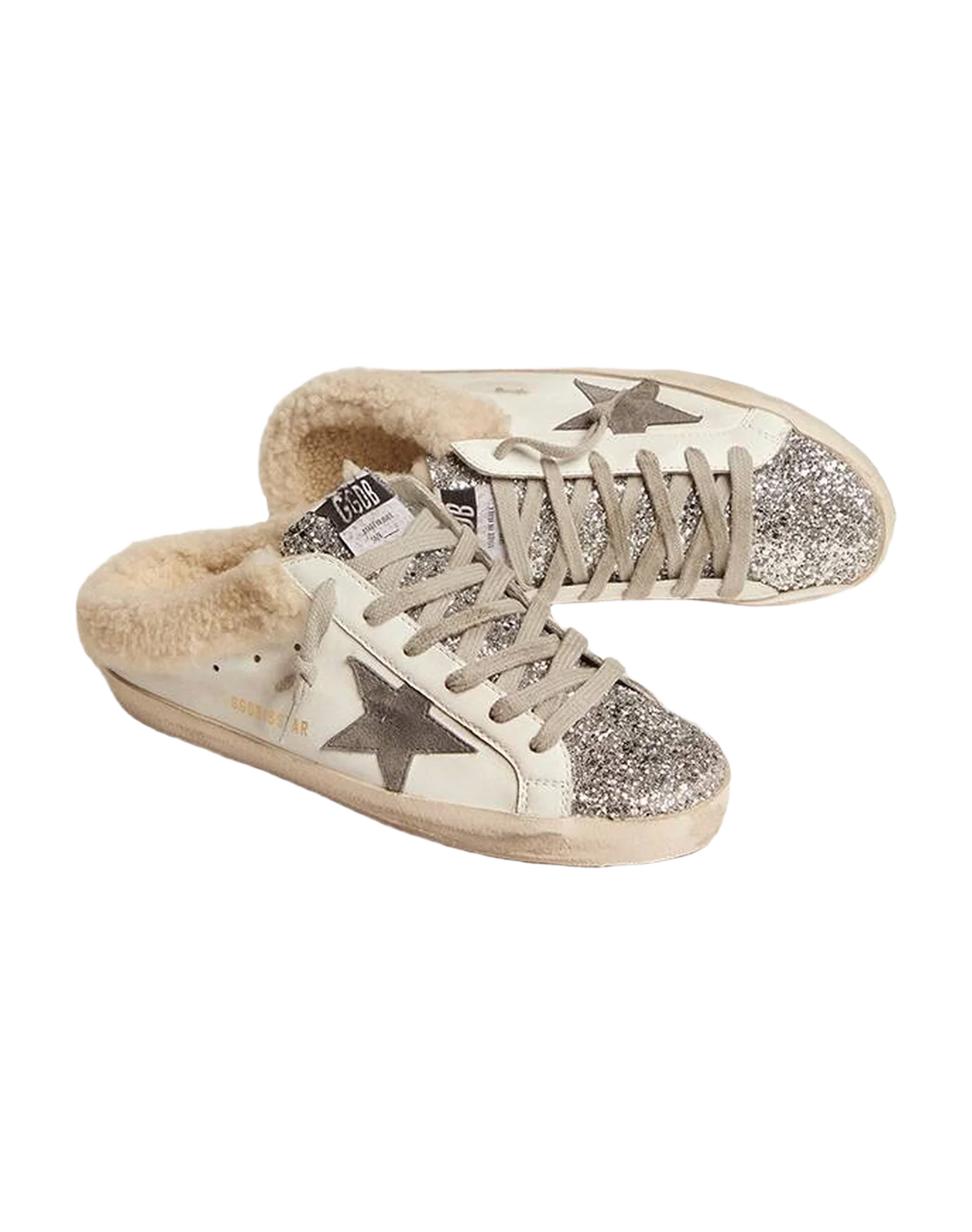 Women | Super-Star Sabot Sneakers Leather with Glitter Tongue & Shearling Interior | White x Silver x Dark Grey x Beige - Image 4