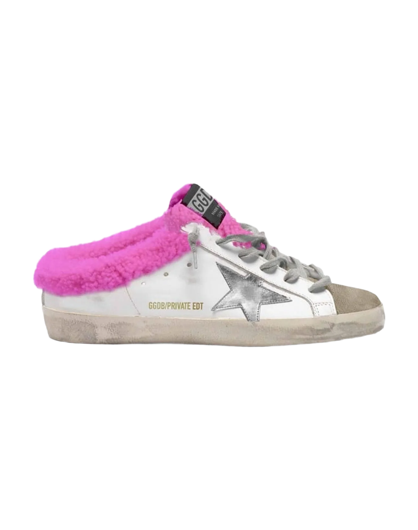Women | Super-Star Sabot Sneakers Leather with Laminated Star & Fuchsia Shearling Interior | White x Sand x Silver x Fuxia