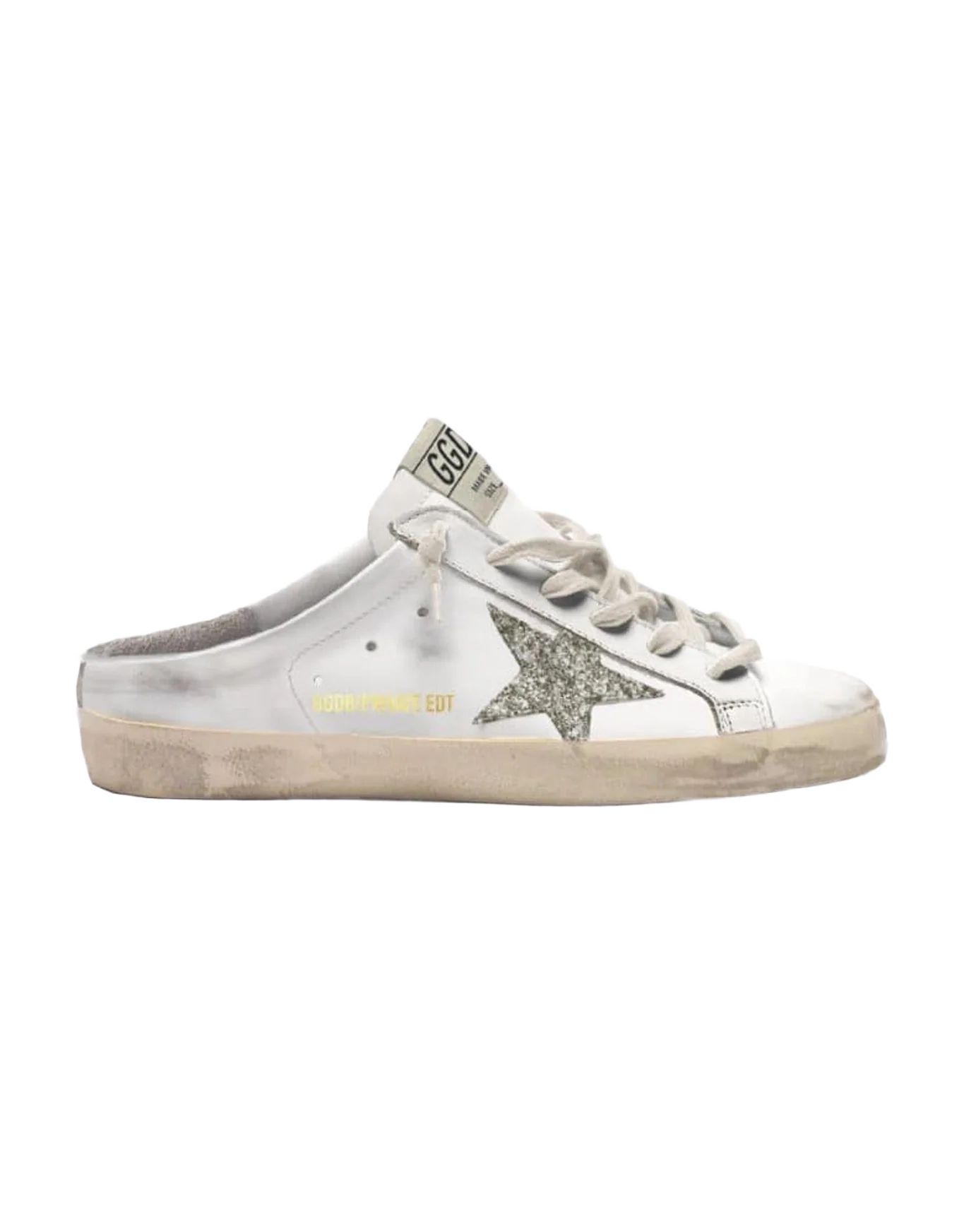 Women | Super-Star Sabot Sneakers White Leather with Silver Glitter Star | White x Platinum