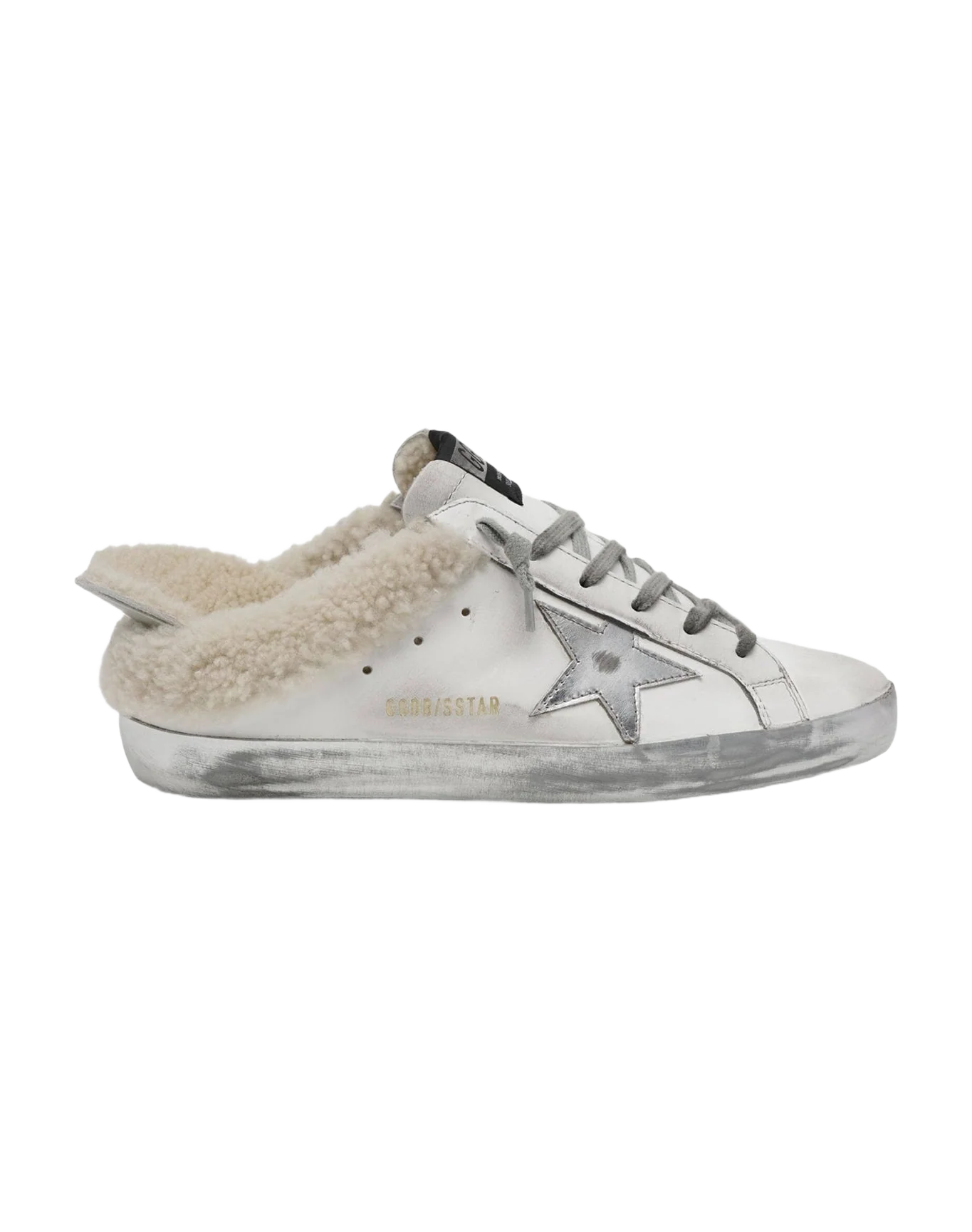 Women | Super-Star Sabot Sneakers White Leather with Silver Leather Star & Internal Shearling | White x Silver x Beige