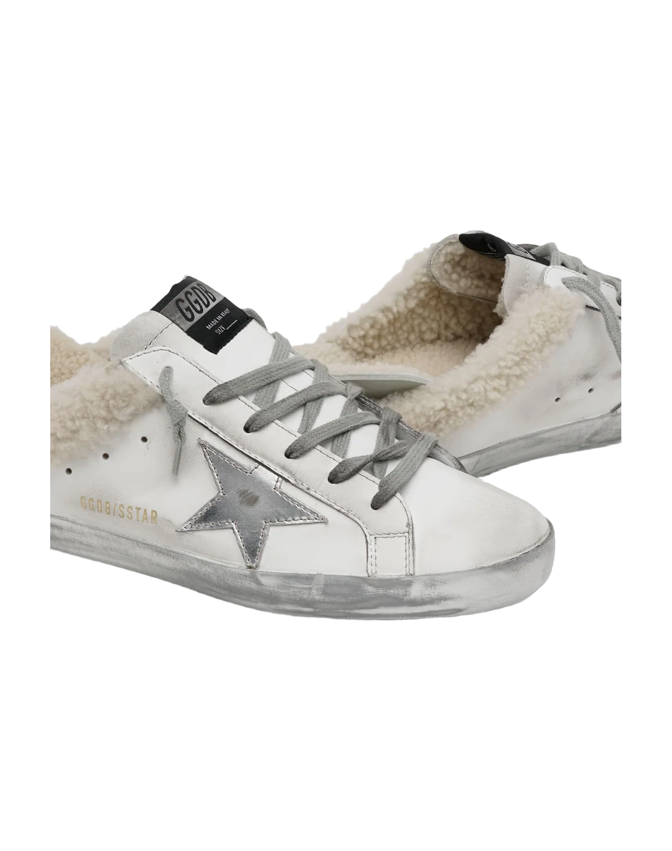 Women | Super-Star Sabot Sneakers White Leather with Silver Leather Star & Internal Shearling | White x Silver x Beige - Image 4