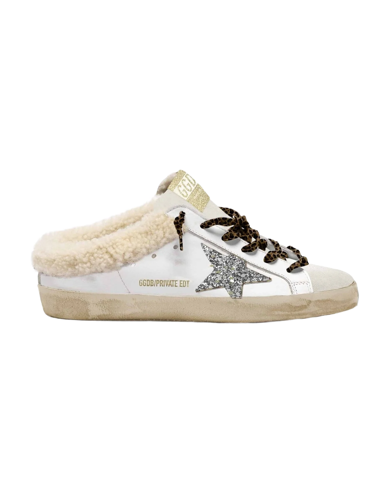 Women | Super-Star Sabot White Leather with Glitter Star & Shearling Interior | White x Cream x Silver x Beige