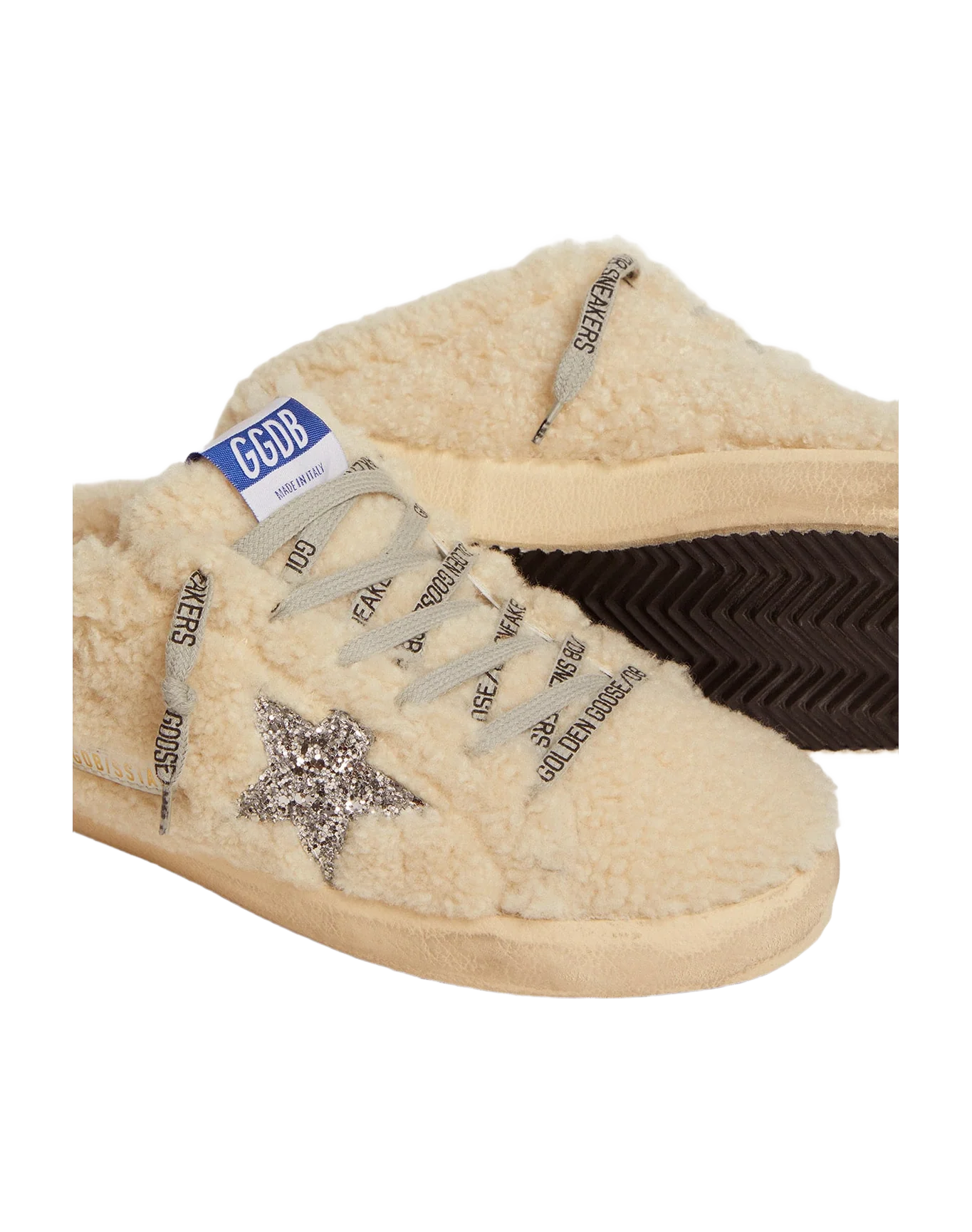 Women | Super-Star Sabot White Shearling & Glitter Star | Natural White x Silver - Image 4