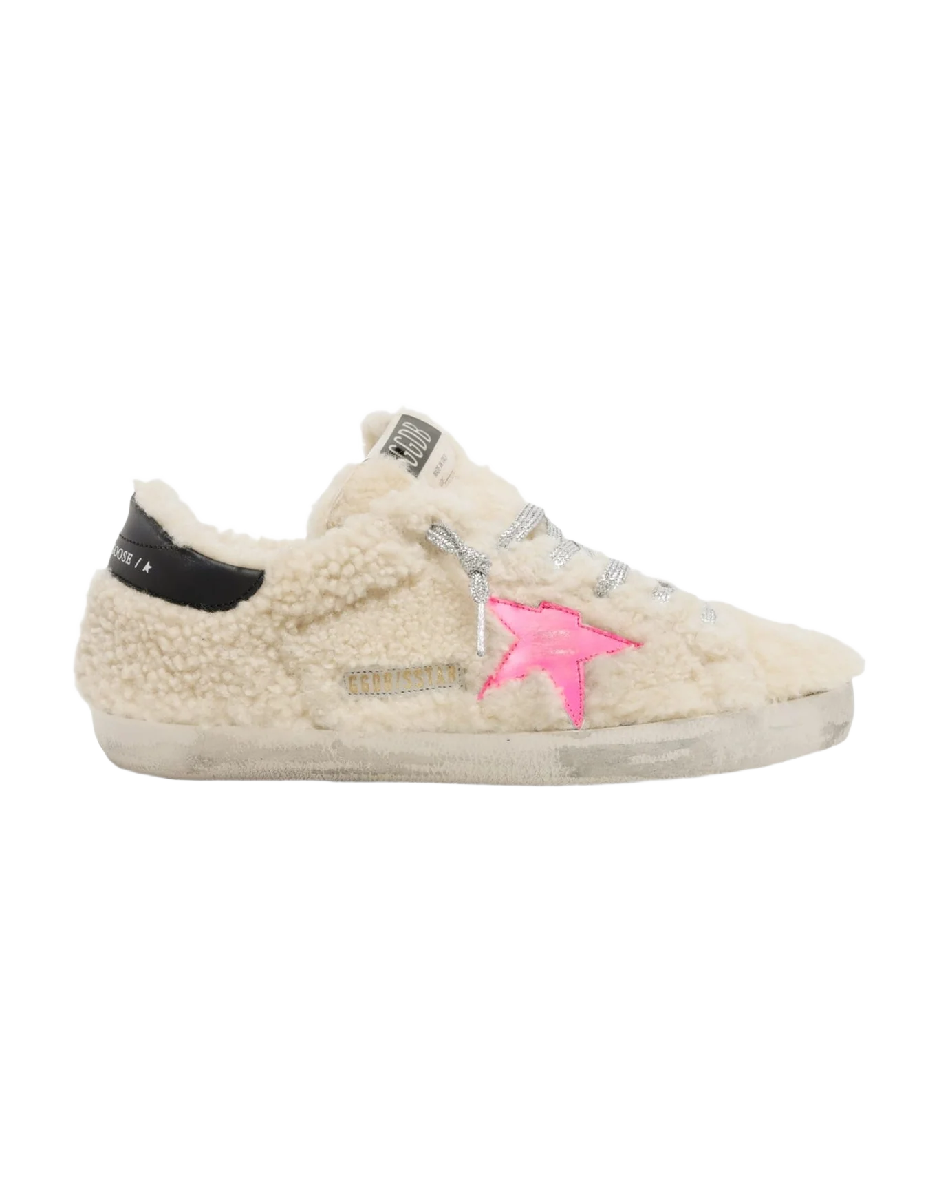 Women | Super-Star Sneakers Beige Shearling with Pink Star & Black Heel Tab | Beige x Fluo Fuxia x Night Blue