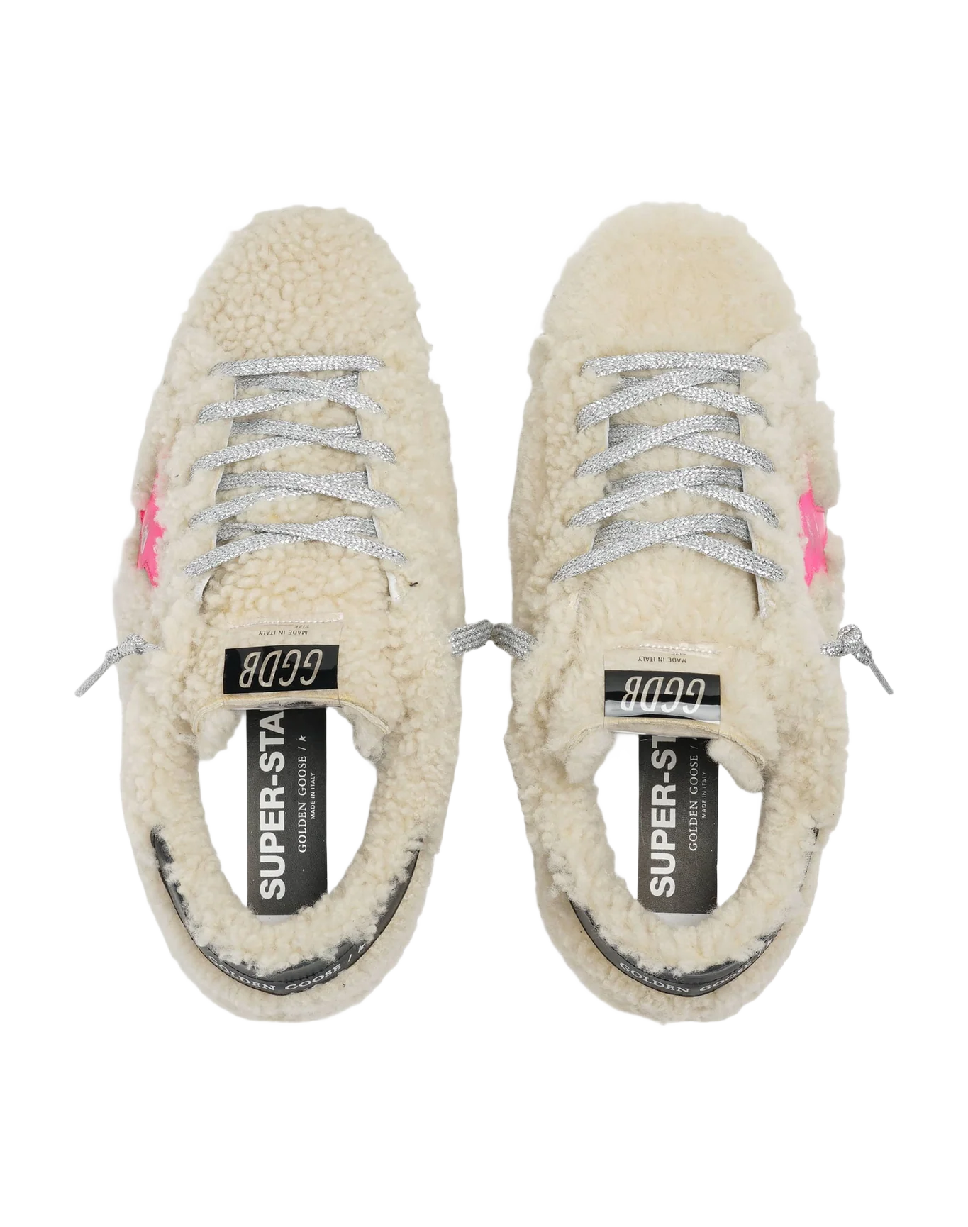 Women | Super-Star Sneakers Beige Shearling with Pink Star & Black Heel Tab | Beige x Fluo Fuxia x Night Blue - Image 4