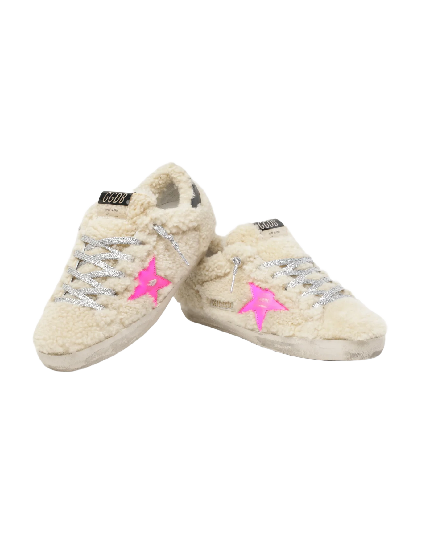 Women | Super-Star Sneakers Beige Shearling with Pink Star & Black Heel Tab | Beige x Fluo Fuxia x Night Blue - Image 7