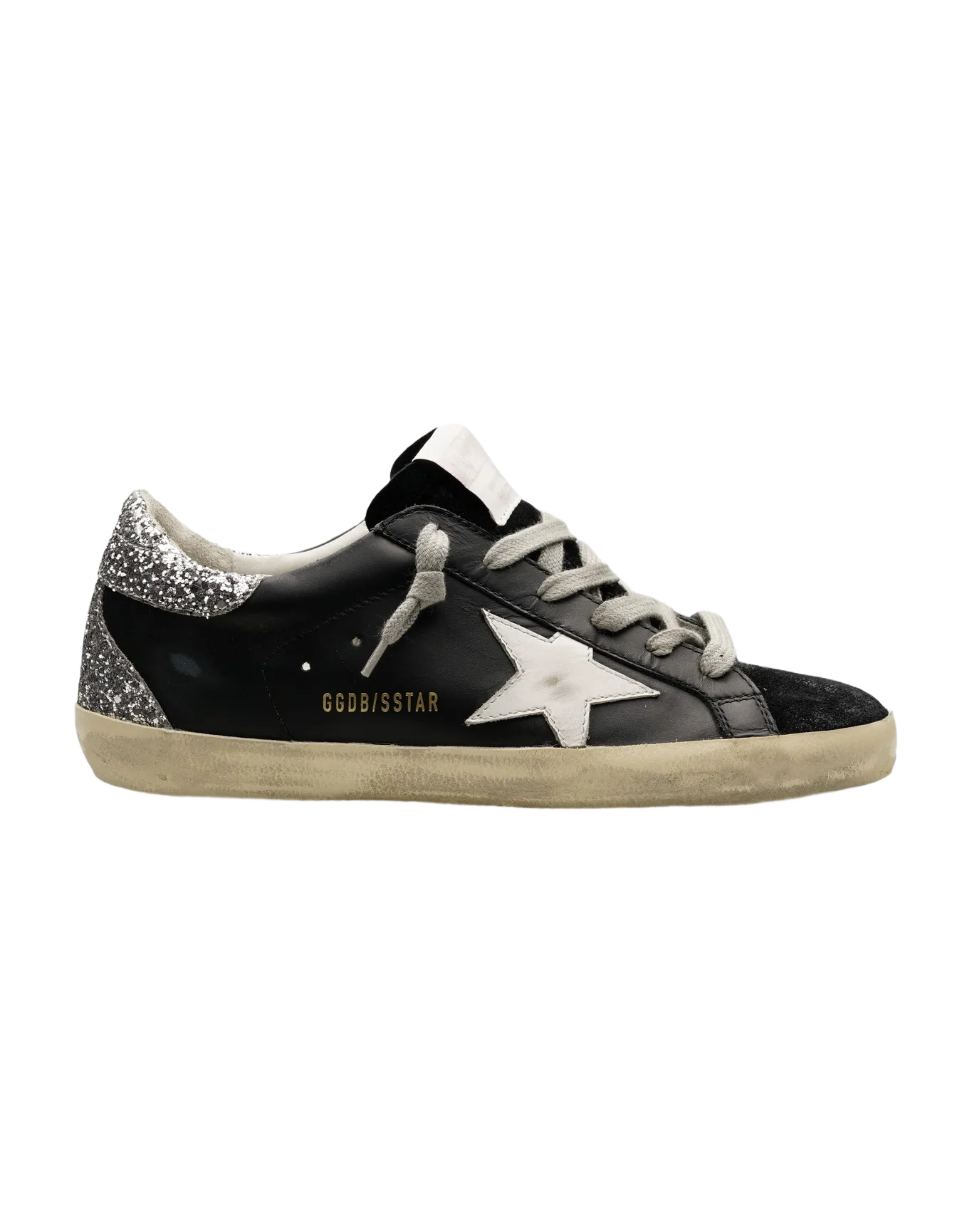 Women | Super-Star Sneakers Black Leather & Velvet with White Star & Glitter Heel | Black x White x Silver - Image 3