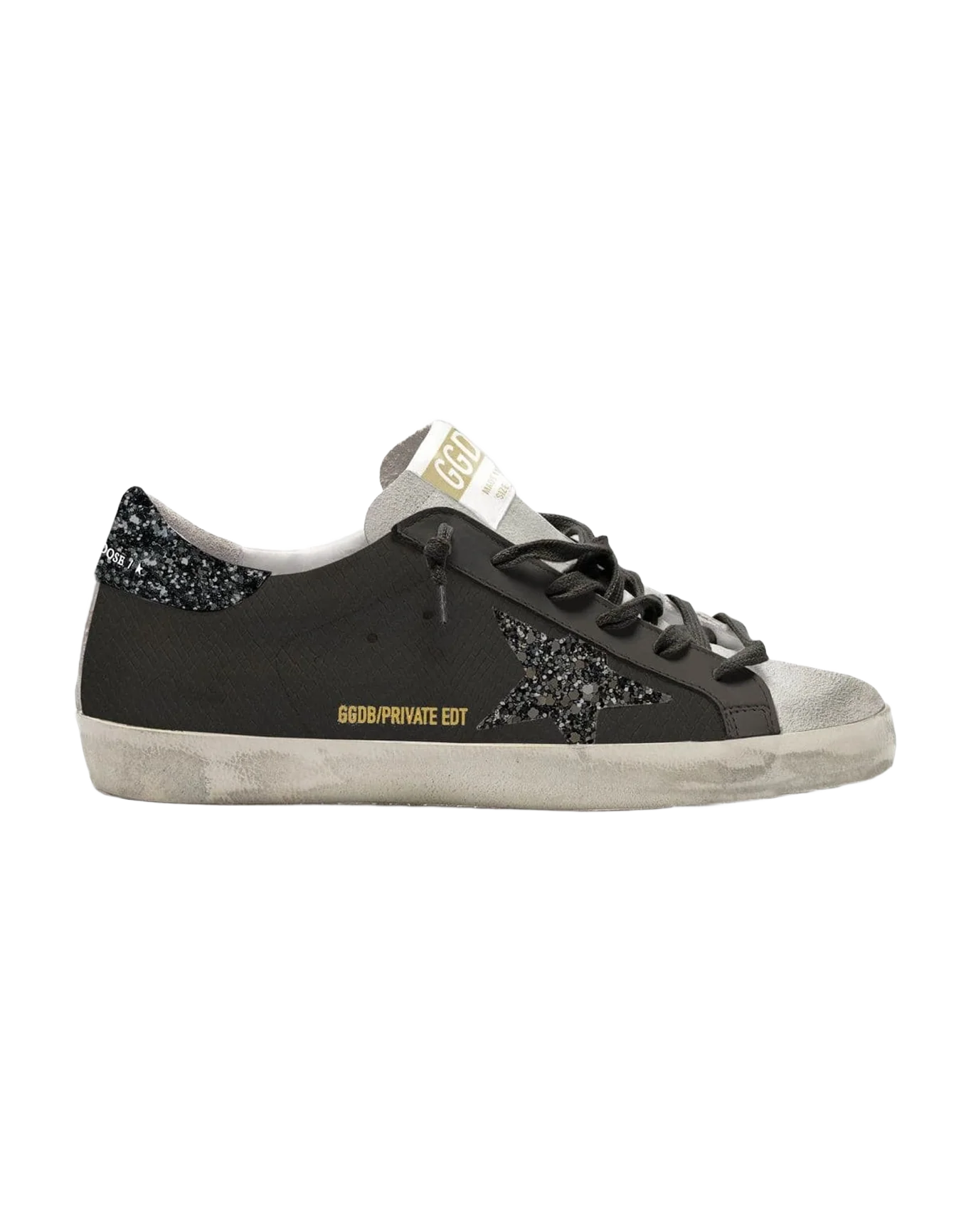 Women | Super-Star Sneakers Black Leather with Black Glitter Star & Heel Tab | Black x Ice