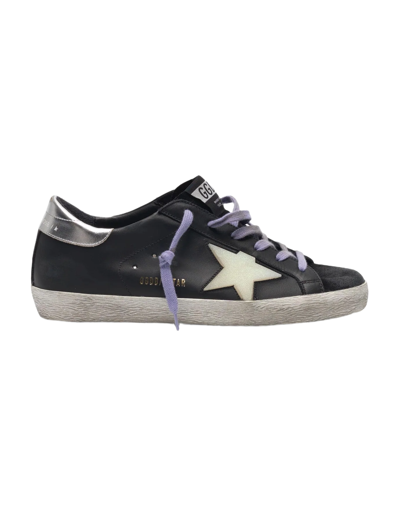 Women | Super-Star Sneakers Black Leather with Cream Star & Silver Heel Tab - Image 7