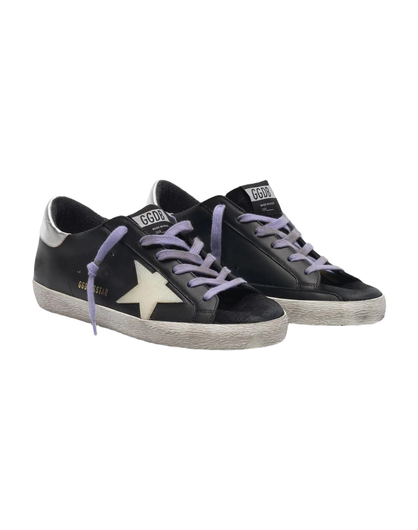 Women | Super-Star Sneakers Black Leather with Cream Star & Silver Heel Tab - Image 8
