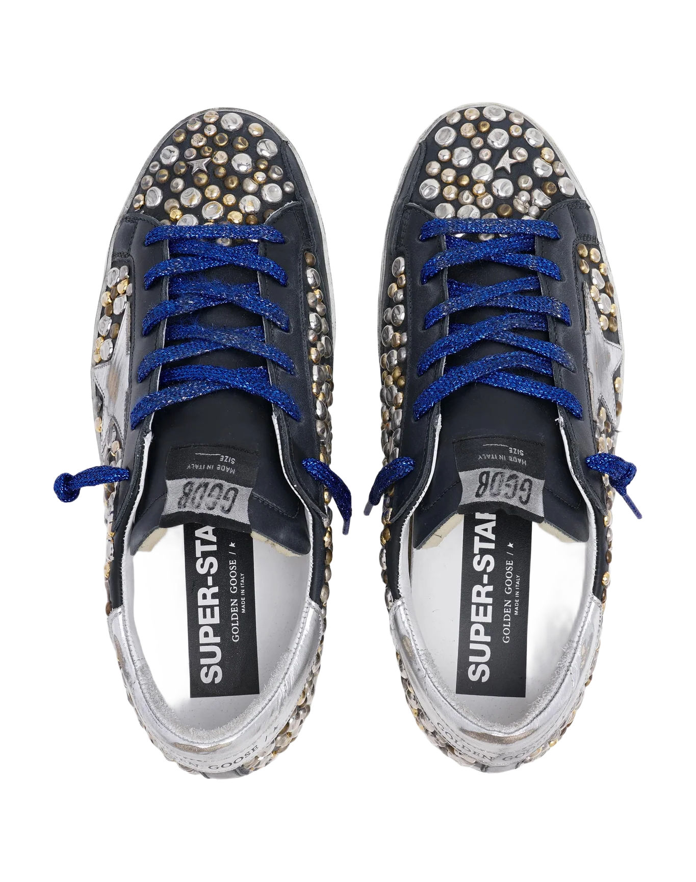 Women | Super-Star Sneakers Black Leather with Hammered Studs & Silver Laminated Leather Star | Black x Silver Gold Bronze x Silver - Image 2