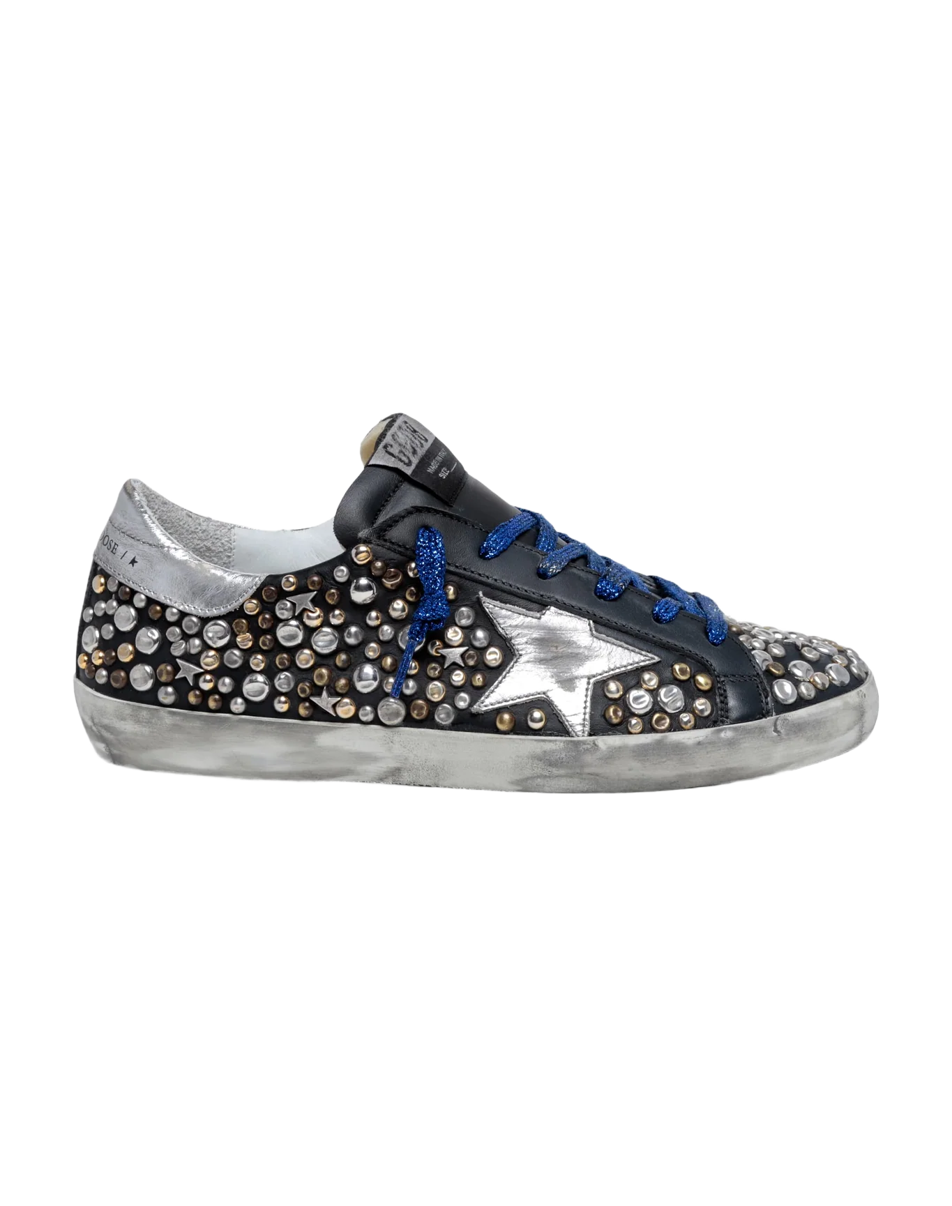 Women | Super-Star Sneakers Black Leather with Hammered Studs & Silver Laminated Leather Star | Black x Silver Gold Bronze x Silver - Image 3