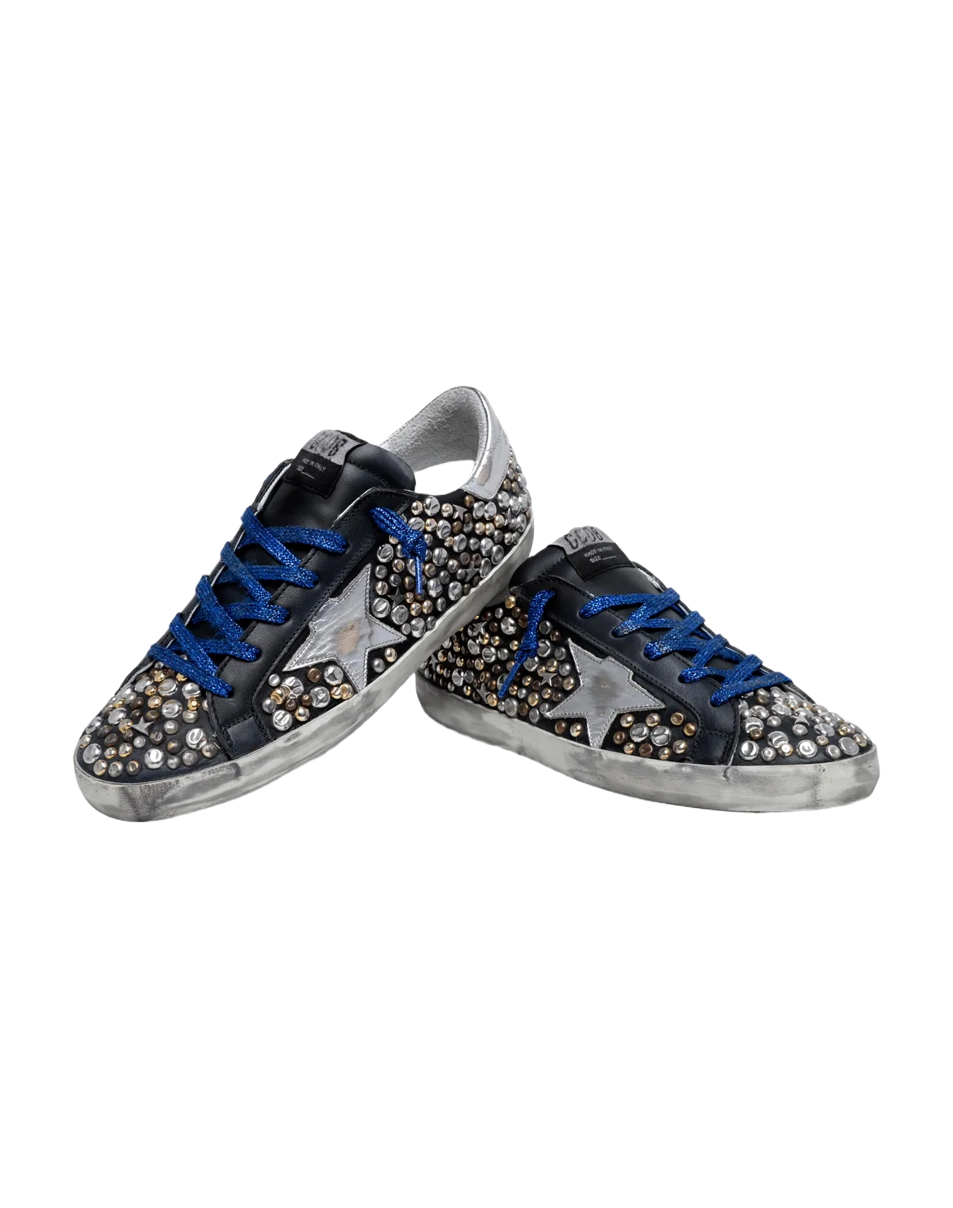 Women | Super-Star Sneakers Black Leather with Hammered Studs & Silver Laminated Leather Star | Black x Silver Gold Bronze x Silver - Image 4