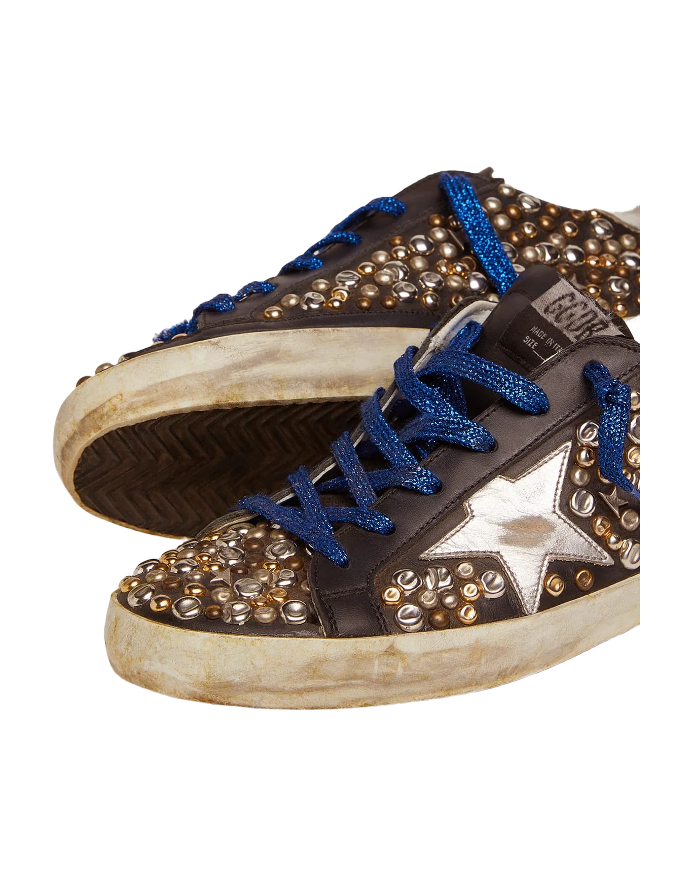 Women | Super-Star Sneakers Black Leather with Hammered Studs & Silver Laminated Leather Star | Black x Silver Gold Bronze x Silver - Image 7