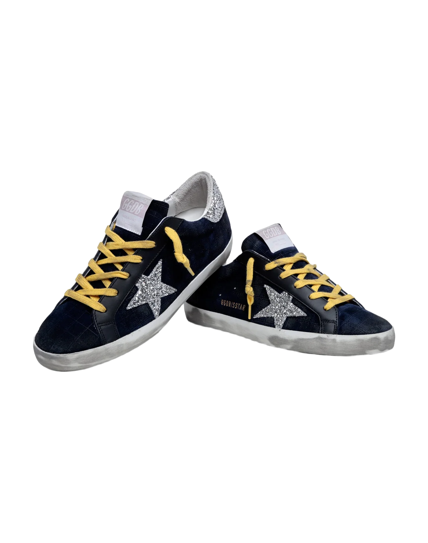 Women | Super-Star Sneakers Dark Blue Suede with Checkered Pattern & Silver Glitter Details | Dark Blue x Silver - Image 4