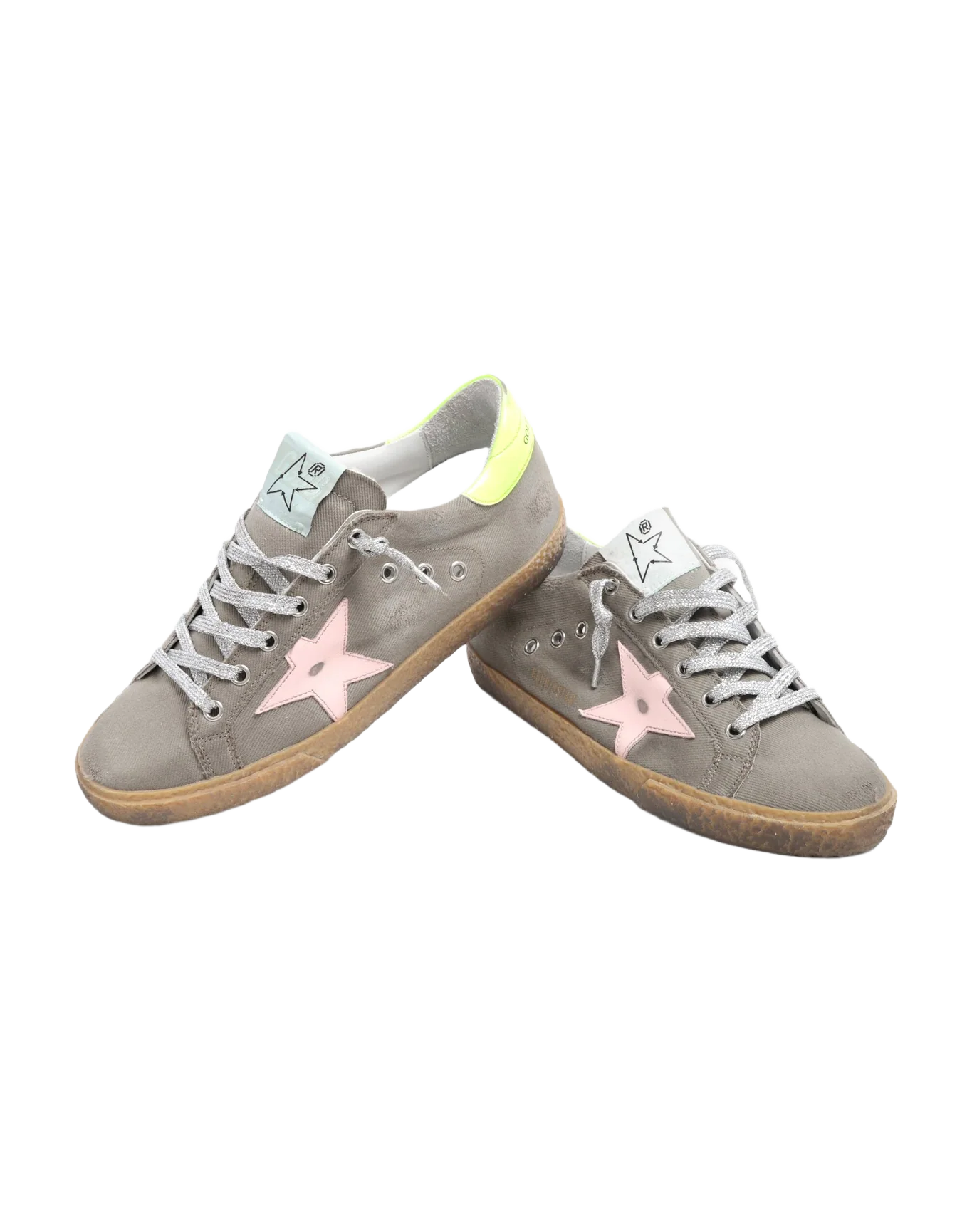 Women | Super-Star Sneakers Dark Grey Nylon with Pink Leather Star & Fluorescent Yellow Leather Heel Tab | Olive Green x Dawn Rose x Fluo Yellow - Image 2