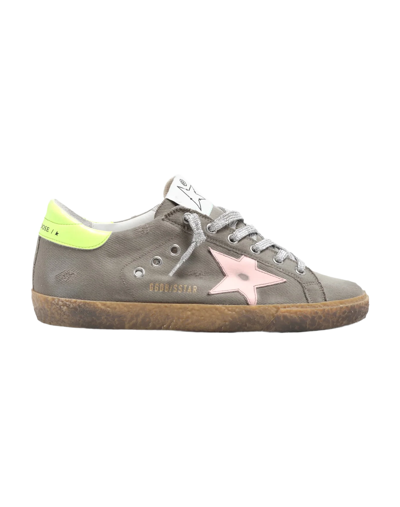 Women | Super-Star Sneakers Dark Grey Nylon with Pink Leather Star & Fluorescent Yellow Leather Heel Tab | Olive Green x Dawn Rose x Fluo Yellow - Image 4