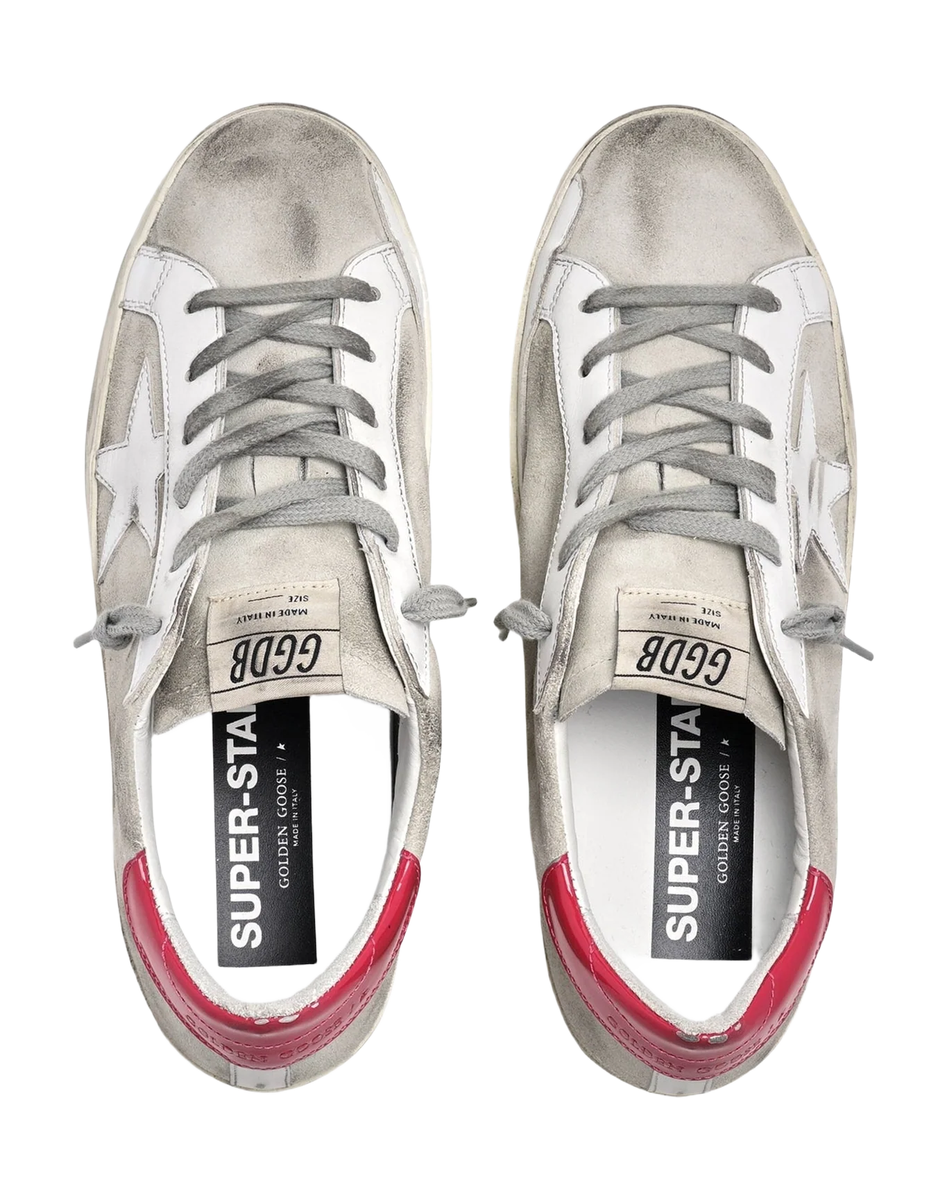 Women | Super-Star Sneakers Gray Suede with White Star & Red Heel Tab | Ice x White x Light Red