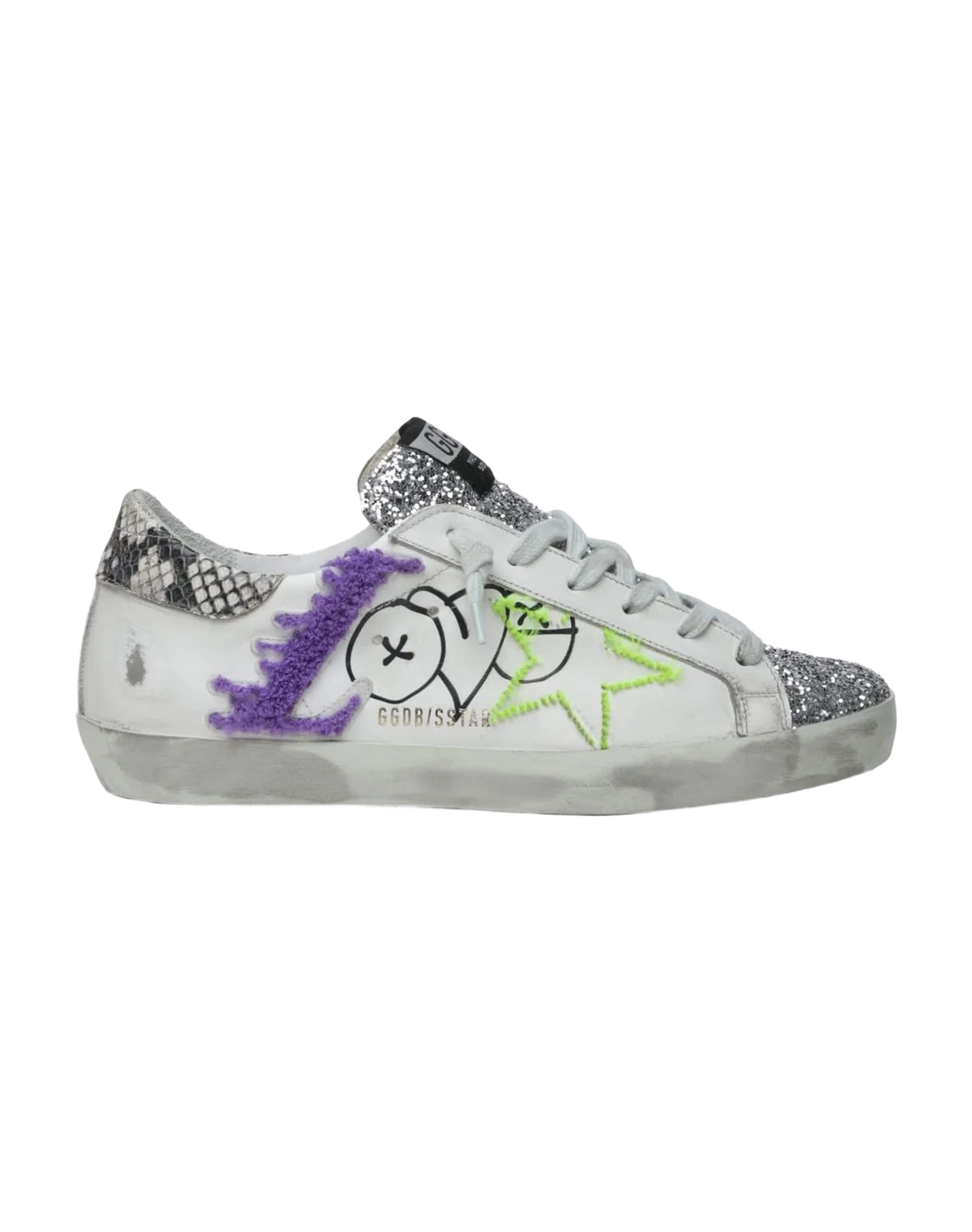 Women | Super-Star Sneakers Leather with Glitter Toe & Phyton Heel Tab | White x Silver x Yellow Fluo x Rock Phyton