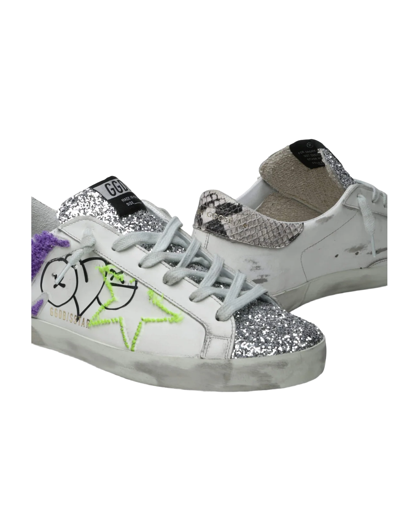 Women | Super-Star Sneakers Leather with Glitter Toe & Phyton Heel Tab | White x Silver x Yellow Fluo x Rock Phyton - Image 2