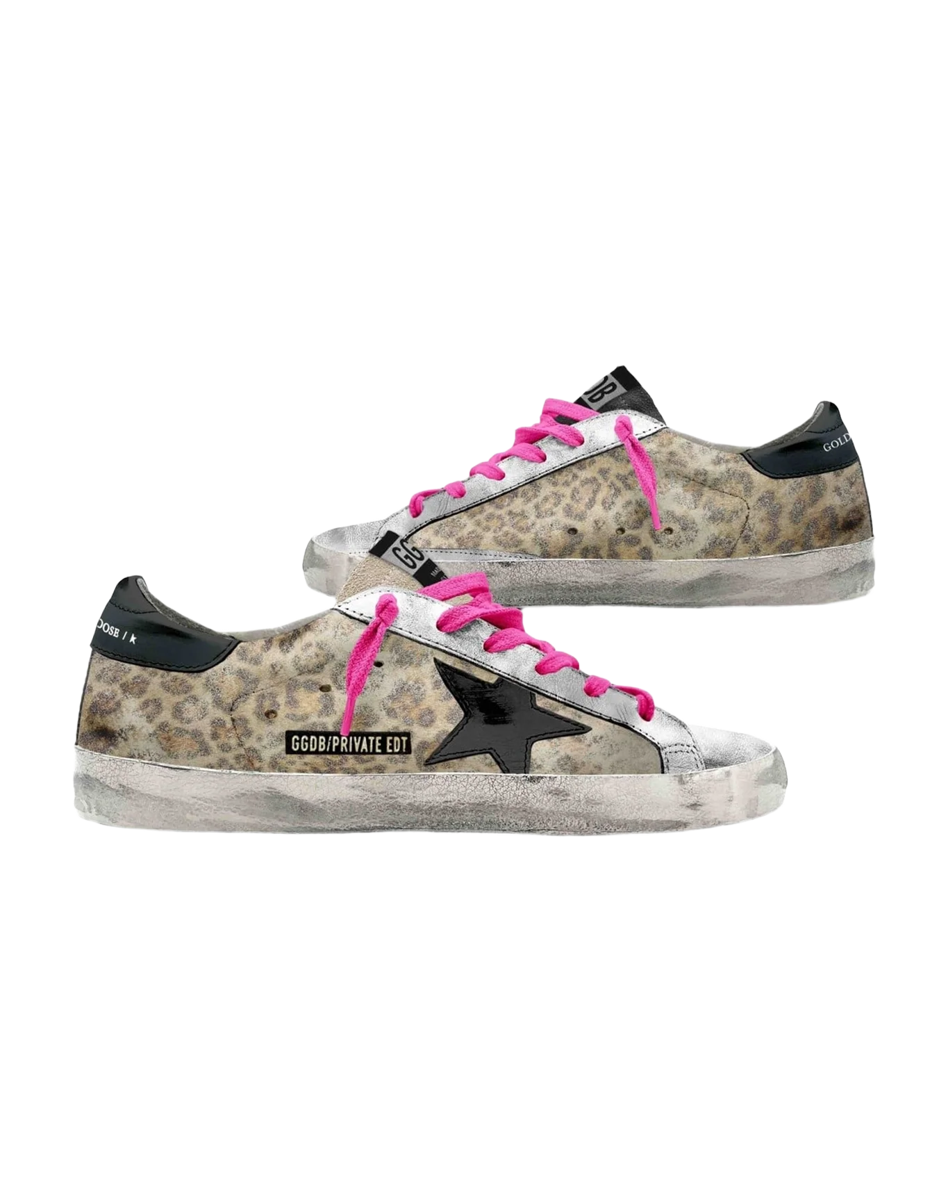 Women | Super-Star Sneakers Leo Print Leather with Black Star & Heel Tab | Beige Leo x Silver x Black