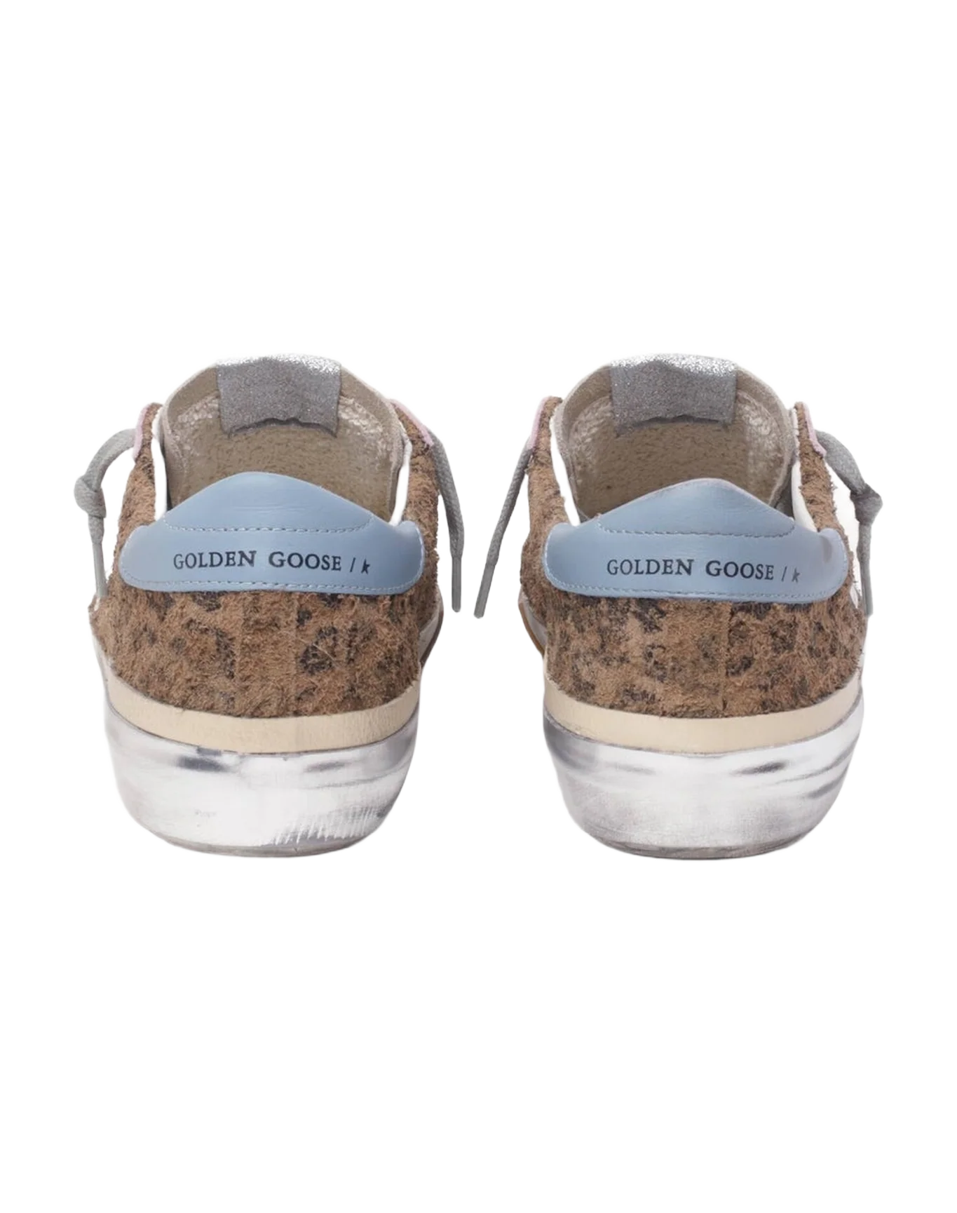 Women | Super-Star Sneakers Leopard Print with White Leather Star & Light Blue Leather Heel Tab | Beige Brown Black x Pearl x Light Pink x Light Blue