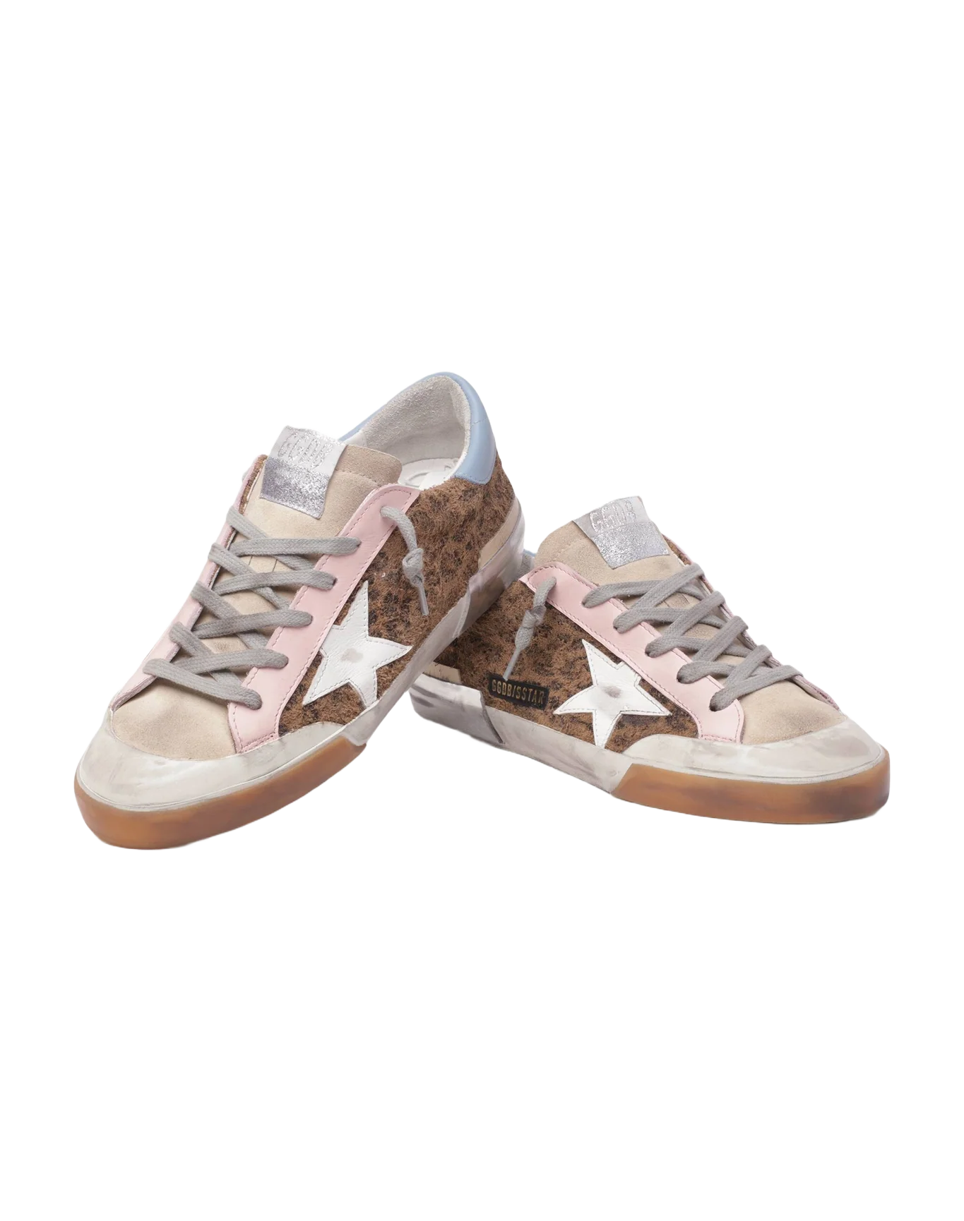Women | Super-Star Sneakers Leopard Print with White Leather Star & Light Blue Leather Heel Tab | Beige Brown Black x Pearl x Light Pink x Light Blue - Image 2