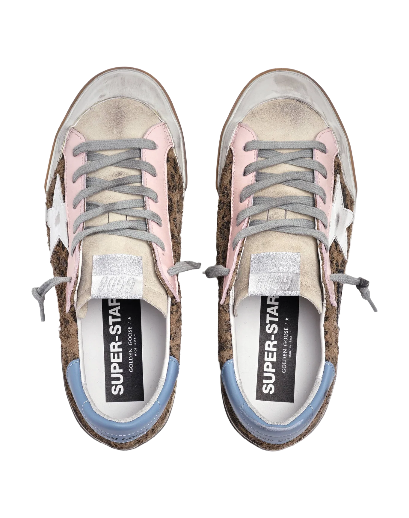 Women | Super-Star Sneakers Leopard Print with White Leather Star & Light Blue Leather Heel Tab | Beige Brown Black x Pearl x Light Pink x Light Blue - Image 3
