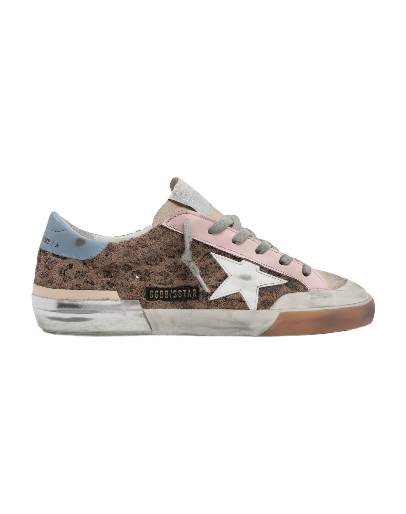 Women | Super-Star Sneakers Leopard Print with White Leather Star & Light Blue Leather Heel Tab | Beige Brown Black x Pearl x Light Pink x Light Blue - Image 4