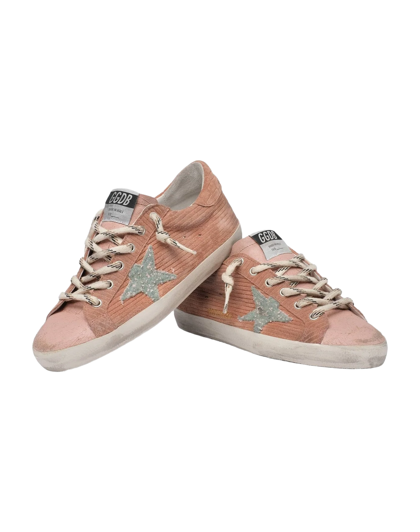 Women | Super-Star Sneakers Peach-Pink Suede with Corduroy Print & Bouclé Star | Malva x Green Pink x Silver