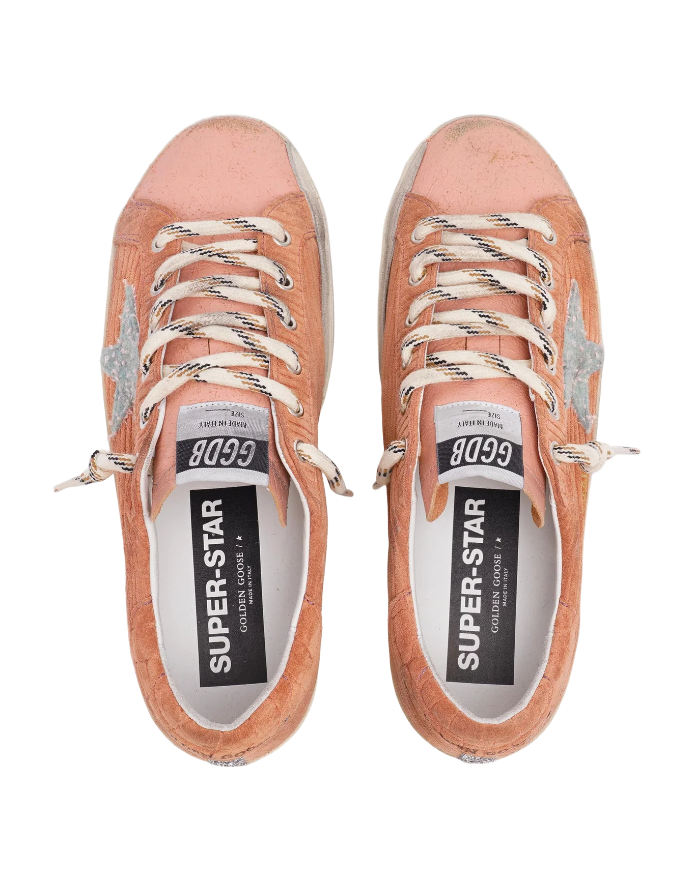 Women | Super-Star Sneakers Peach-Pink Suede with Corduroy Print & Bouclé Star | Malva x Green Pink x Silver - Image 7