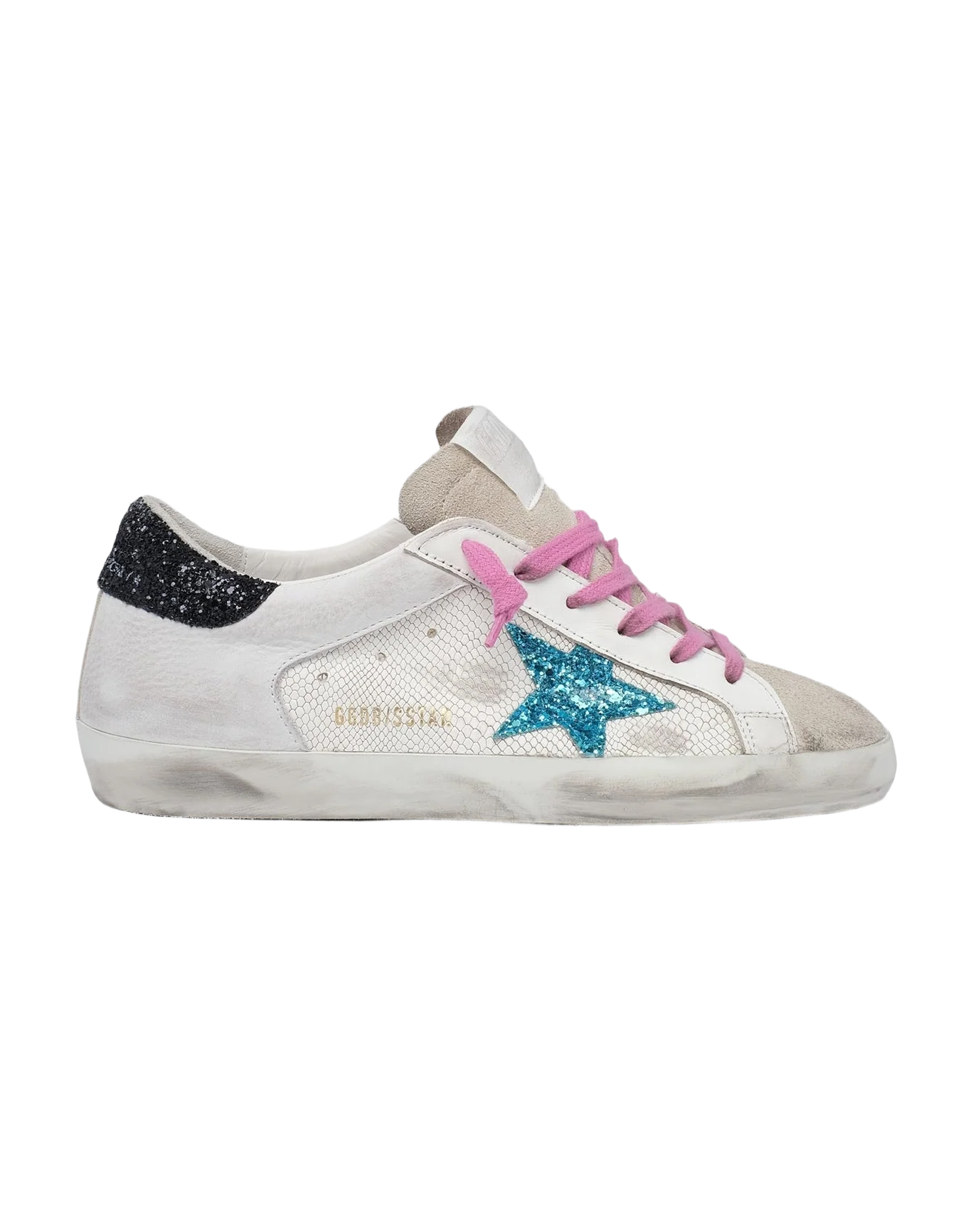 Women | Super-Star Sneakers Phyton White Leather with Glitter Star & Heel Tab | White x Light Blue x Dark Blue