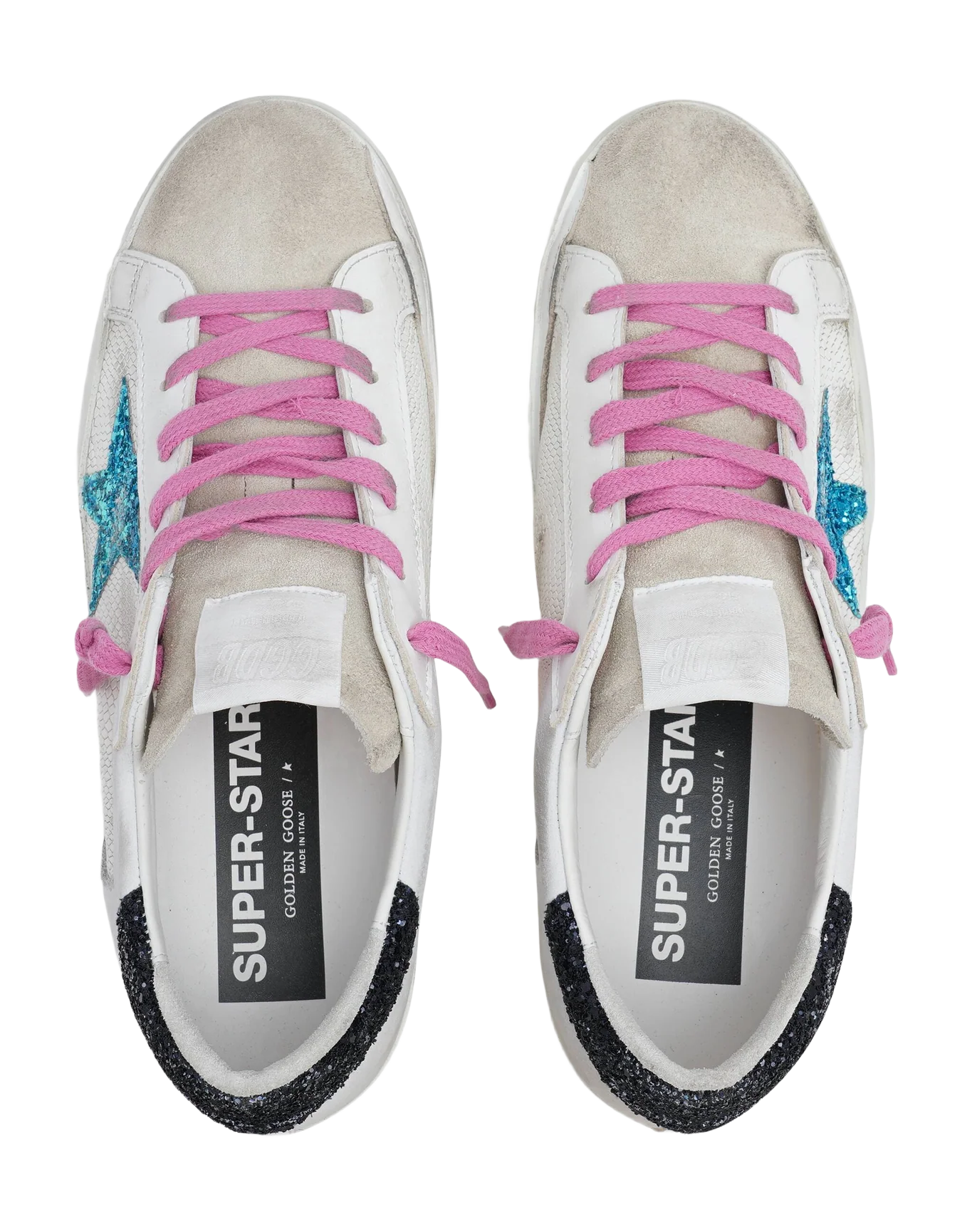 Women | Super-Star Sneakers Phyton White Leather with Glitter Star & Heel Tab | White x Light Blue x Dark Blue - Image 3