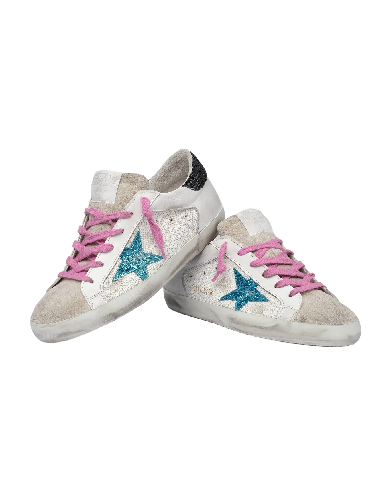 Women | Super-Star Sneakers Phyton White Leather with Glitter Star & Heel Tab | White x Light Blue x Dark Blue - Image 4
