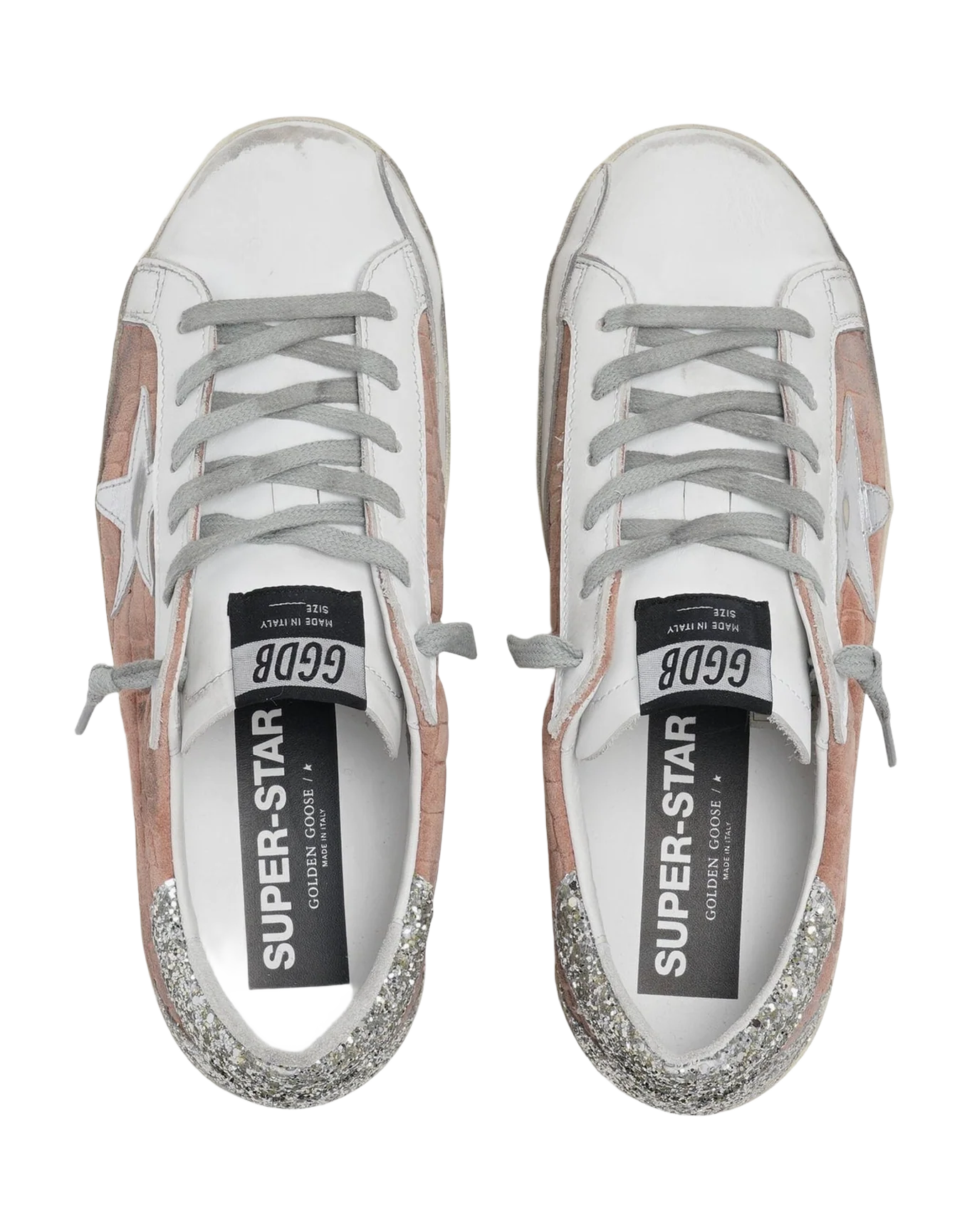 Women | Super-Star Sneakers Pink Hammered Suede with White Leather Star & Silver Glitter Heel Tab | Mauve x White x Silver x Light Green