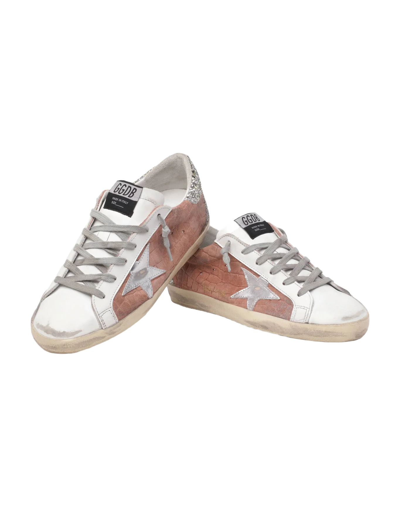 Women | Super-Star Sneakers Pink Hammered Suede with White Leather Star & Silver Glitter Heel Tab | Mauve x White x Silver x Light Green - Image 2