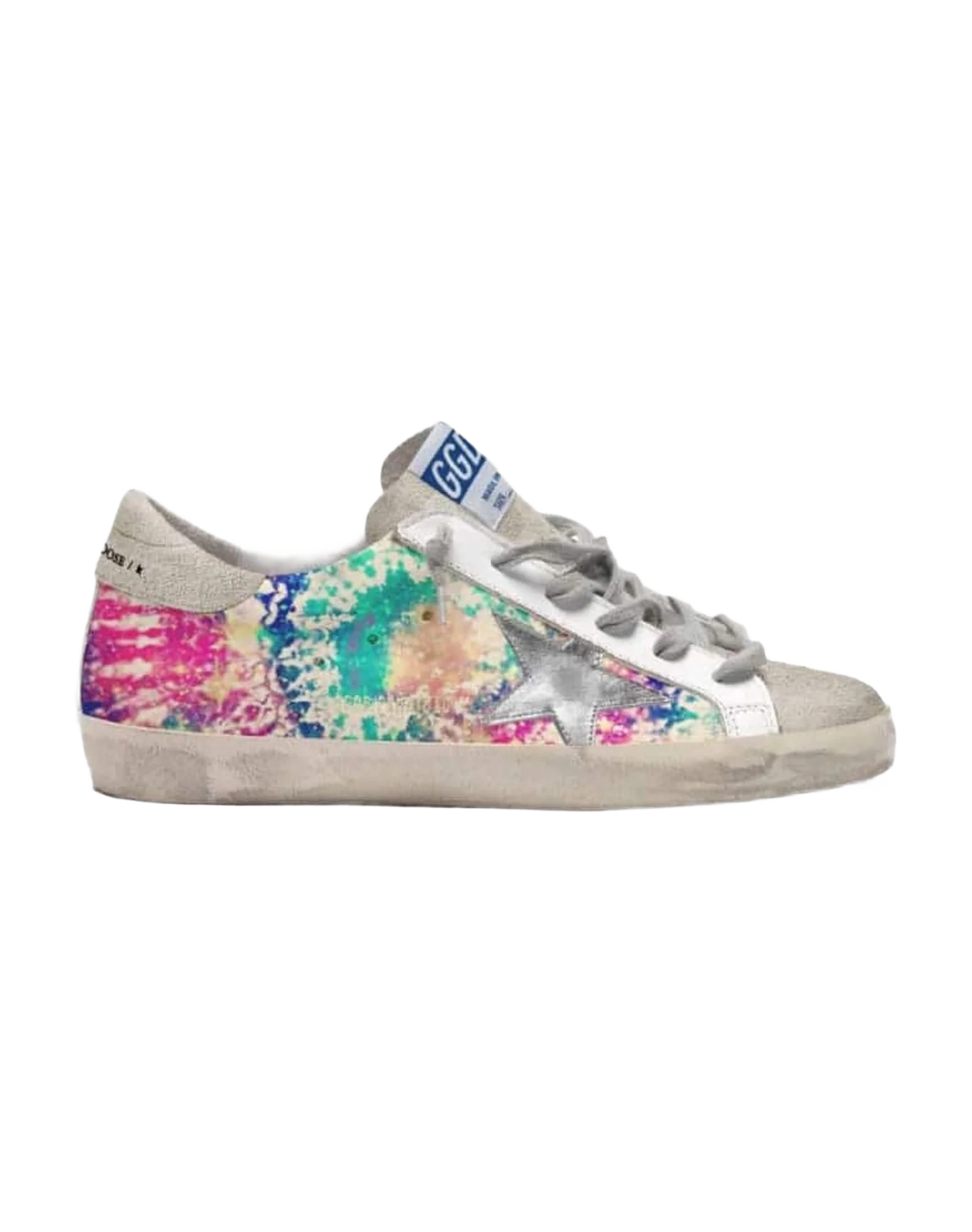 Women | Super-Star Sneakers Tie Dye Leather with Laminated Star & Suede Heel | Multicolor x Ice x White x Silver
