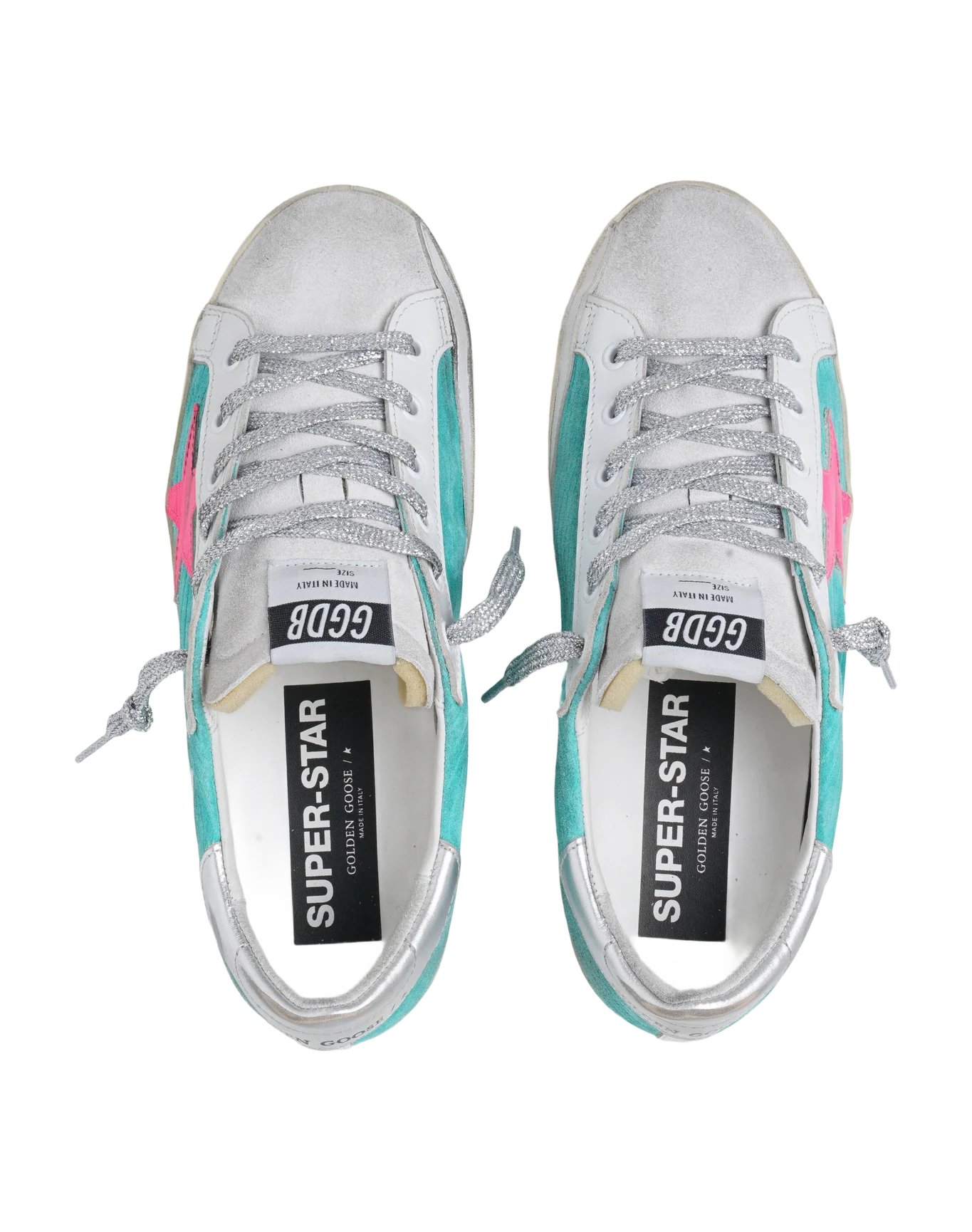 Women | Super-Star Sneakers Turquoise Suede with Corduroy Print & Fluorescent Pink Leather Star | Maldive x Fluo Pink x Optic White x Silver - Image 3
