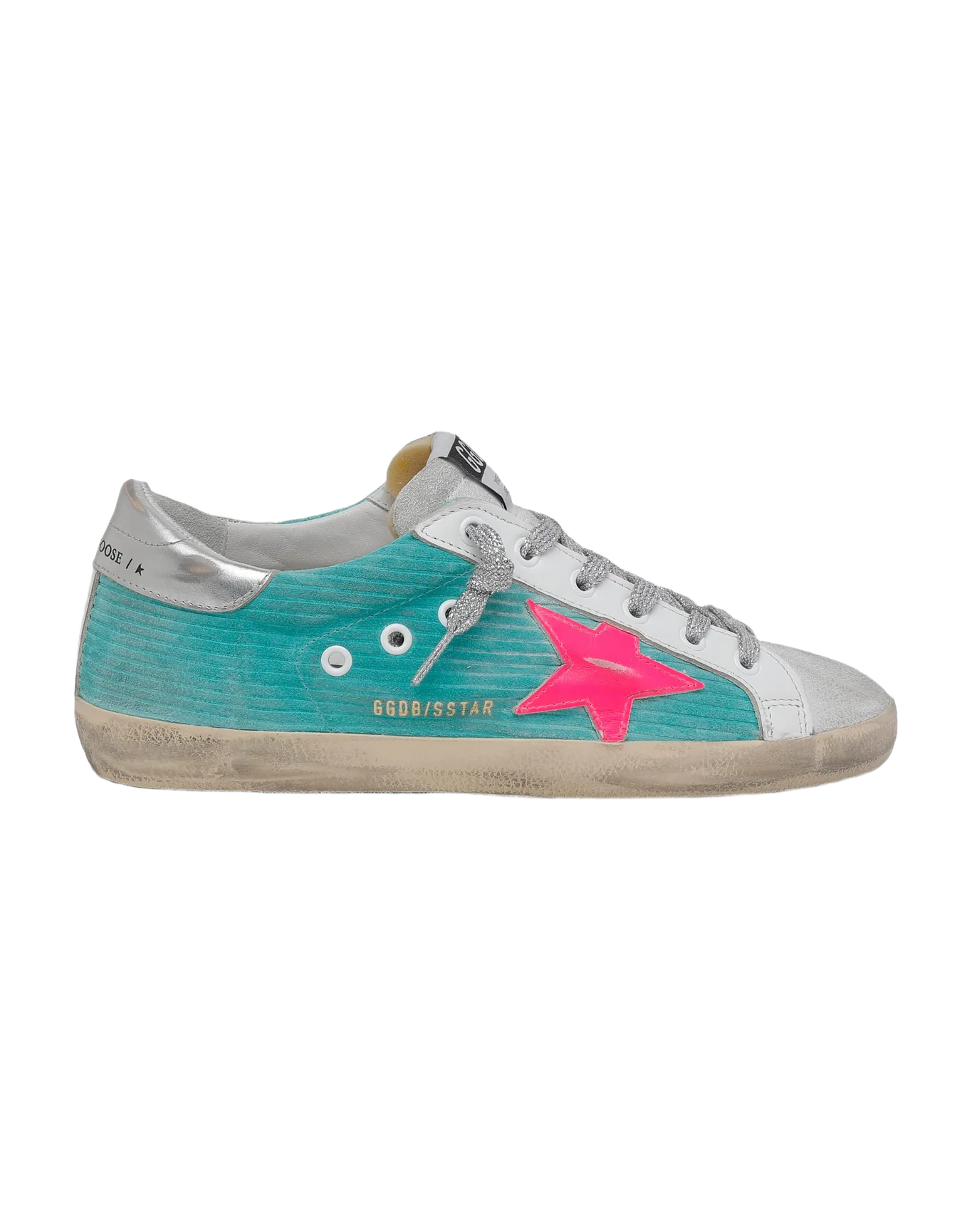 Women | Super-Star Sneakers Turquoise Suede with Corduroy Print & Fluorescent Pink Leather Star | Maldive x Fluo Pink x Optic White x Silver - Image 5