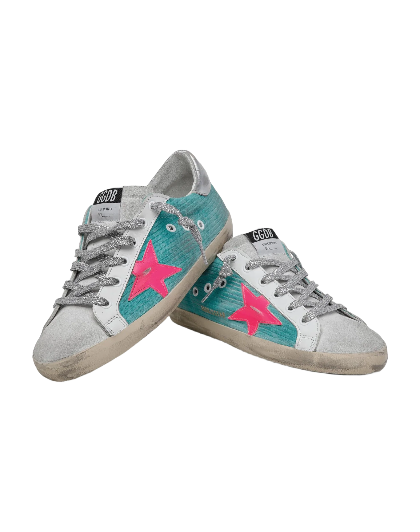 Women | Super-Star Sneakers Turquoise Suede with Corduroy Print & Fluorescent Pink Leather Star | Maldive x Fluo Pink x Optic White x Silver - Image 7