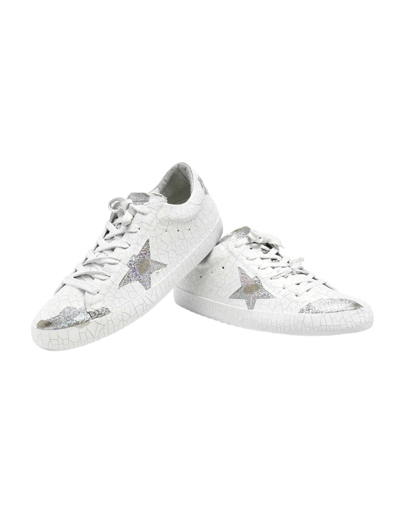 Women | Super-Star Sneakers White Decorated Leather with Silver Glitter Star | Silver x White - Image 2