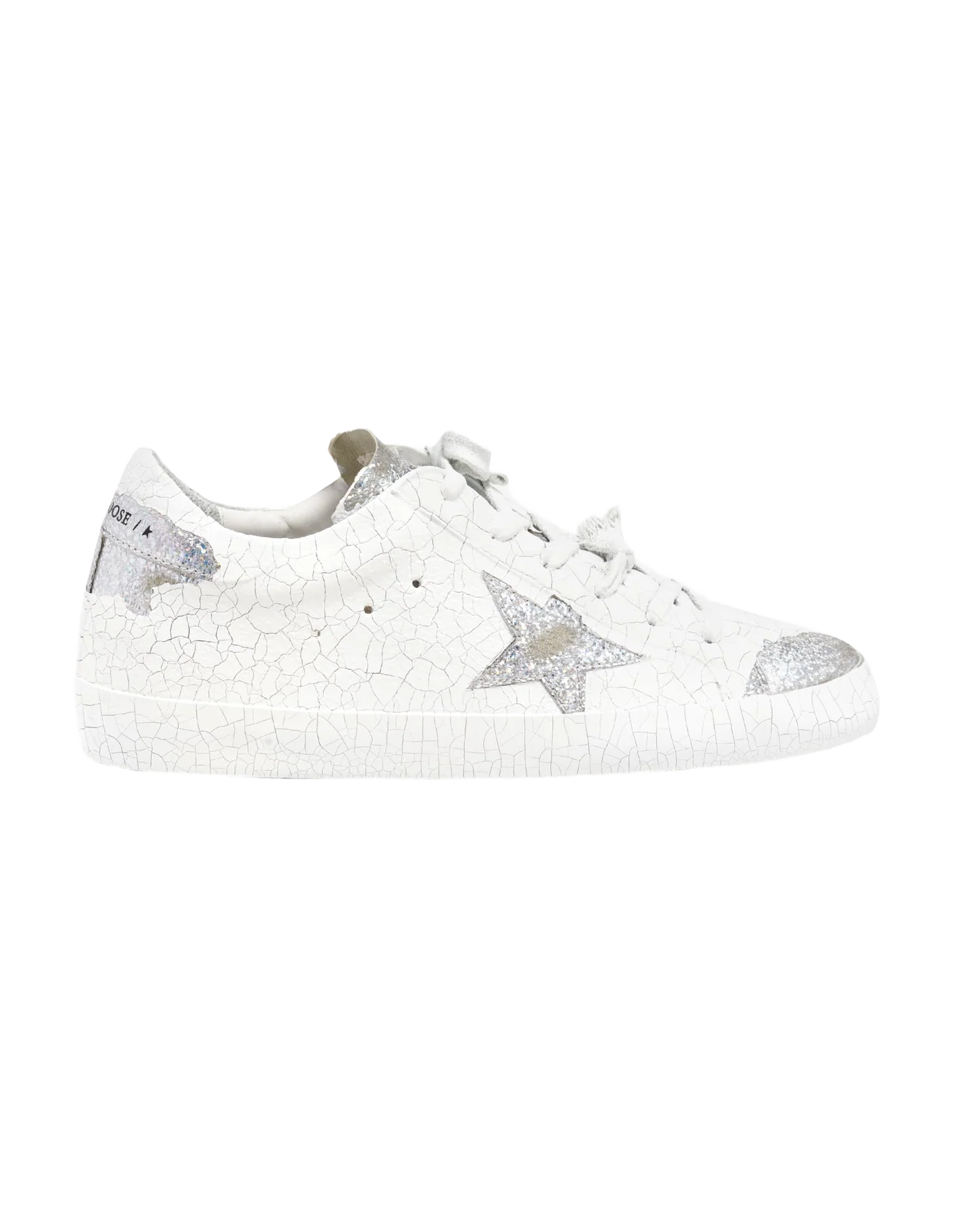 Women | Super-Star Sneakers White Decorated Leather with Silver Glitter Star | Silver x White - Image 3
