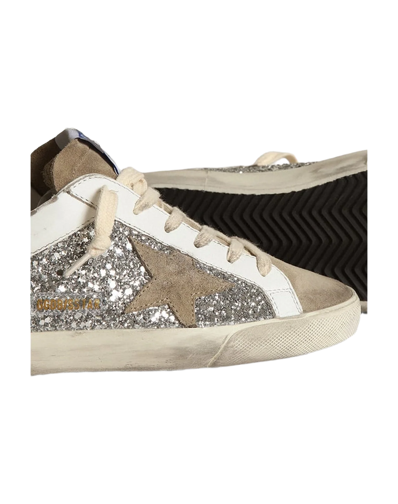 Women | Super-Star Sneakers White Leather & Silver Glitter with Suede Star | Silver x White x Taupe