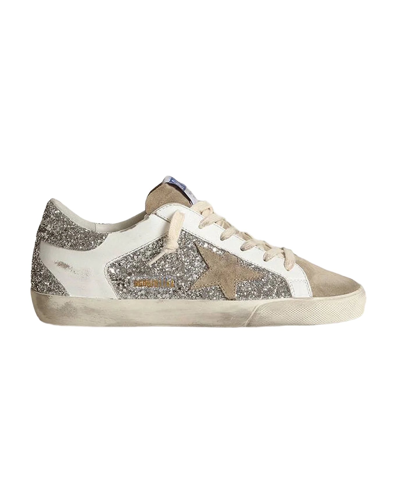 Women | Super-Star Sneakers White Leather & Silver Glitter with Suede Star | Silver x White x Taupe - Image 2