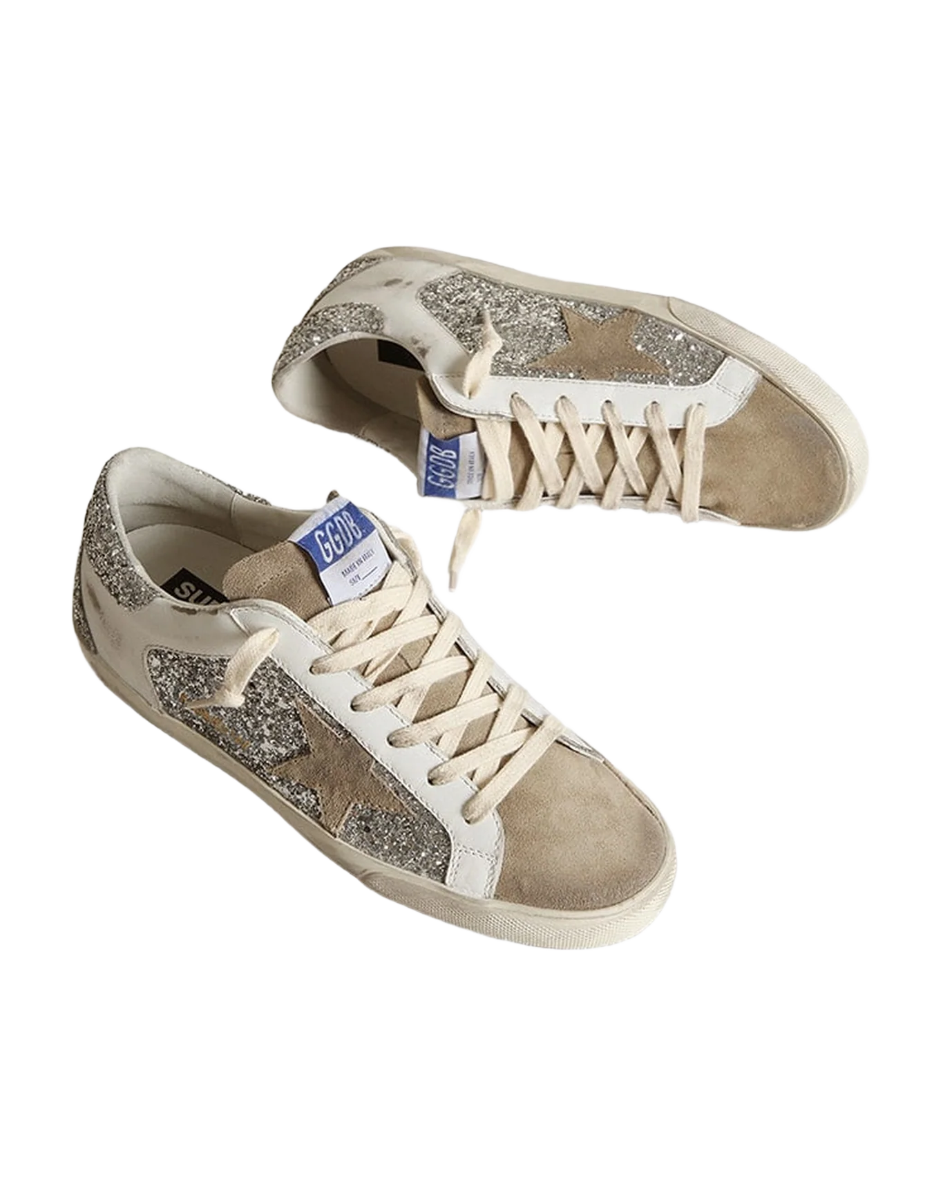 Women | Super-Star Sneakers White Leather & Silver Glitter with Suede Star | Silver x White x Taupe - Image 3
