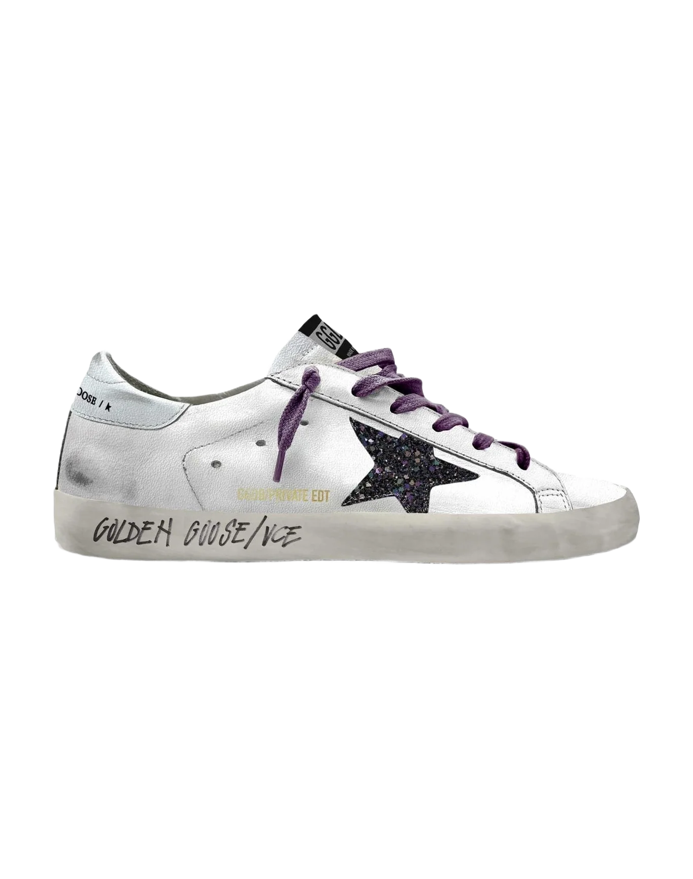 Women | Super-Star Sneakers White Leather with Black Glitter Star & Silver Heel Tab | White x Black